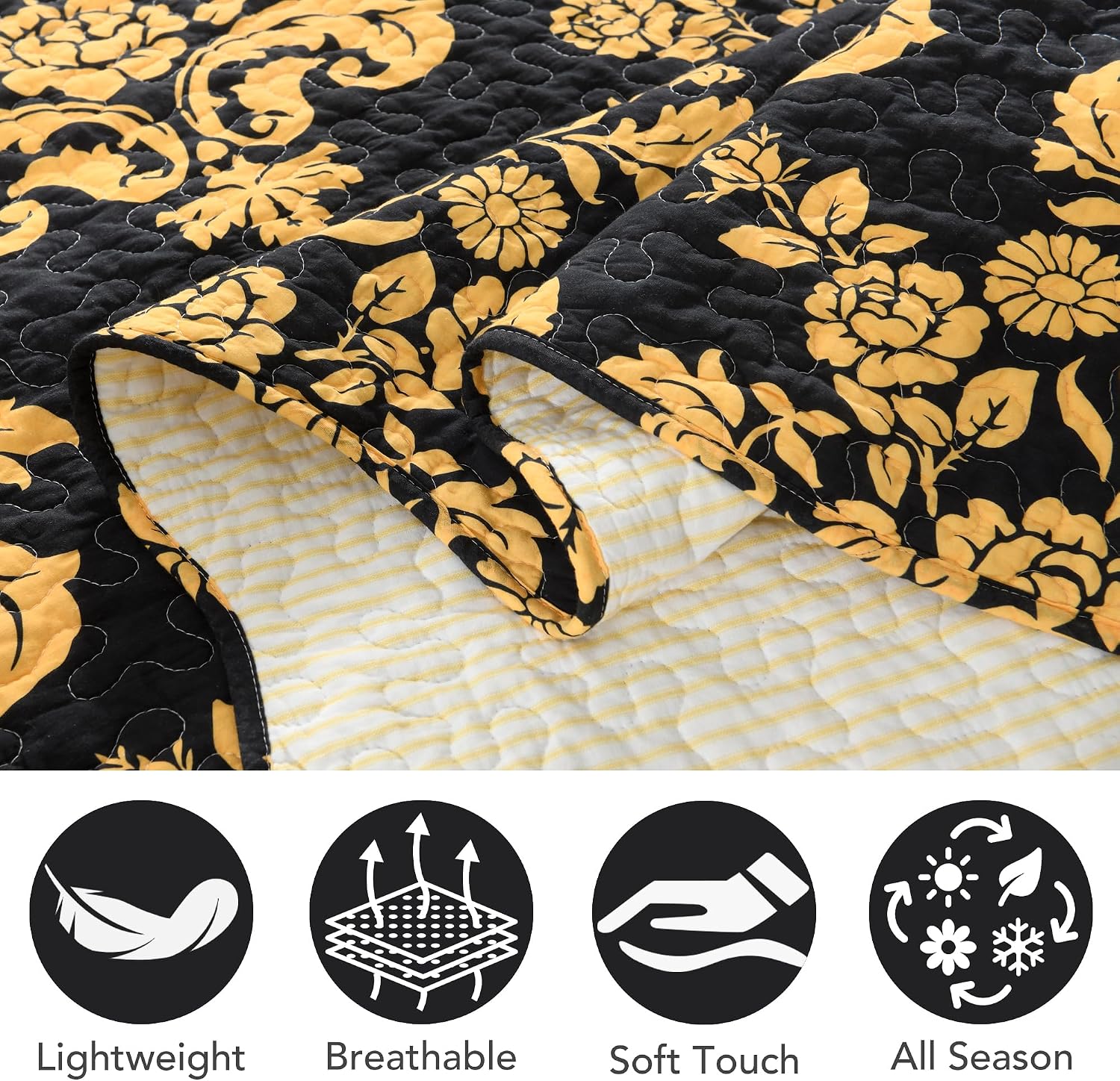 100% Cotton Floral Queen Quilt Set, Vintage Black & Yellow 3 Piece | Reversible Damask & Striped Bedspread, Farmhouse Bedding with 2 Pillow Shams, Scalloped Edge, Lightweight Soft for All Season