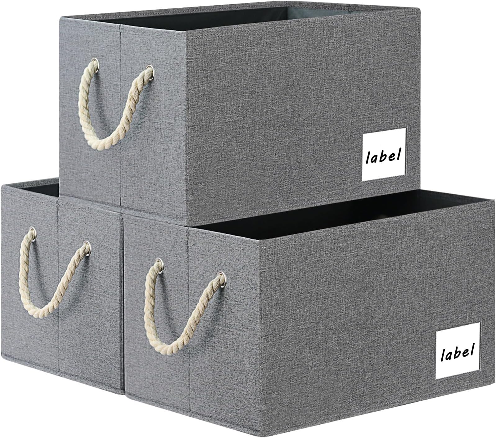 Extra Large Storage Bins, Foldable Storage Baskets for Shelves, Closet Storage Bins with Label & Cotton Rope Handles (3 Pack, 15.75"x11.8"x10.2", Grey)