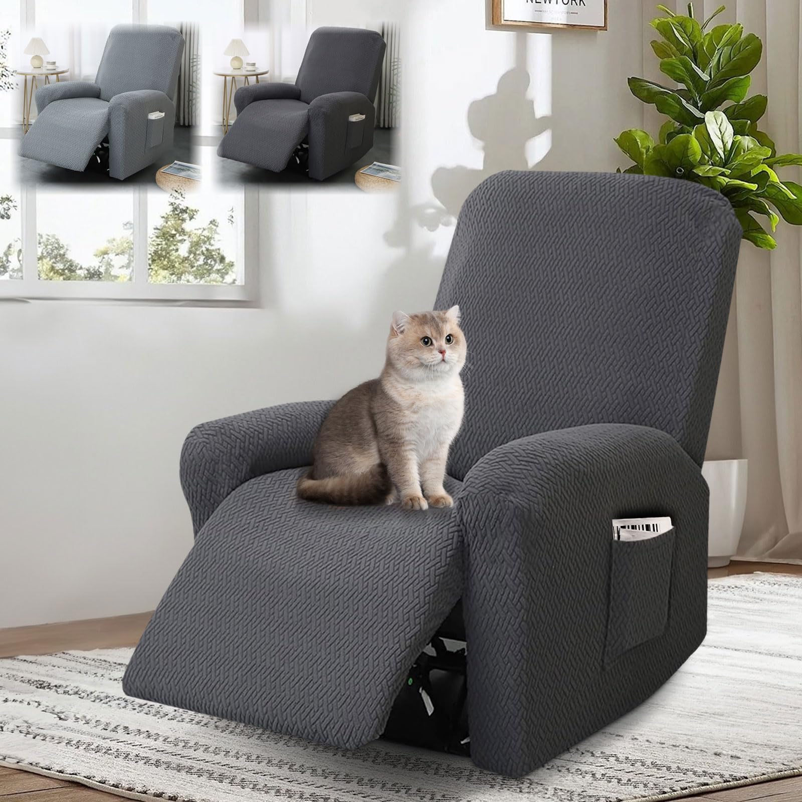 Funda Sillon Relax Reclinable, 4 Piezas Funda Butaca, Funda Sofa 1 Plaza, con Protectores para Reposabrazos y Bolsillo (Gris Oscuro)