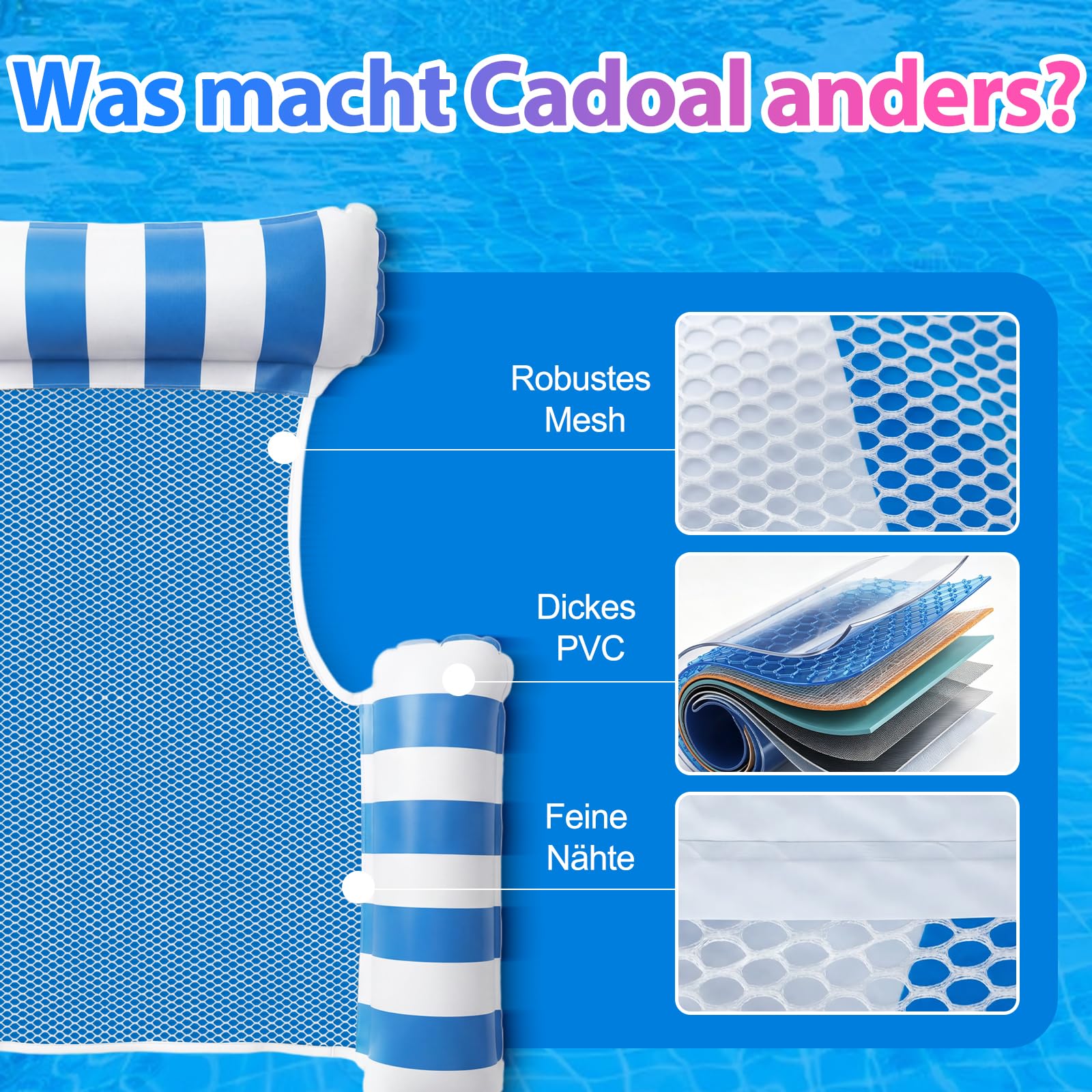 2 Stück Luftmatratze Wasser mit 1 Luftpump und 2 Getränkehalter，4 in 1 Wasserhängematte mit Netz Aufblasbare Schwimmsessel Wasser Matratze Pool Zubehör Liege Sofa Stuhl Sitz Erwachsene Kinder Stabil