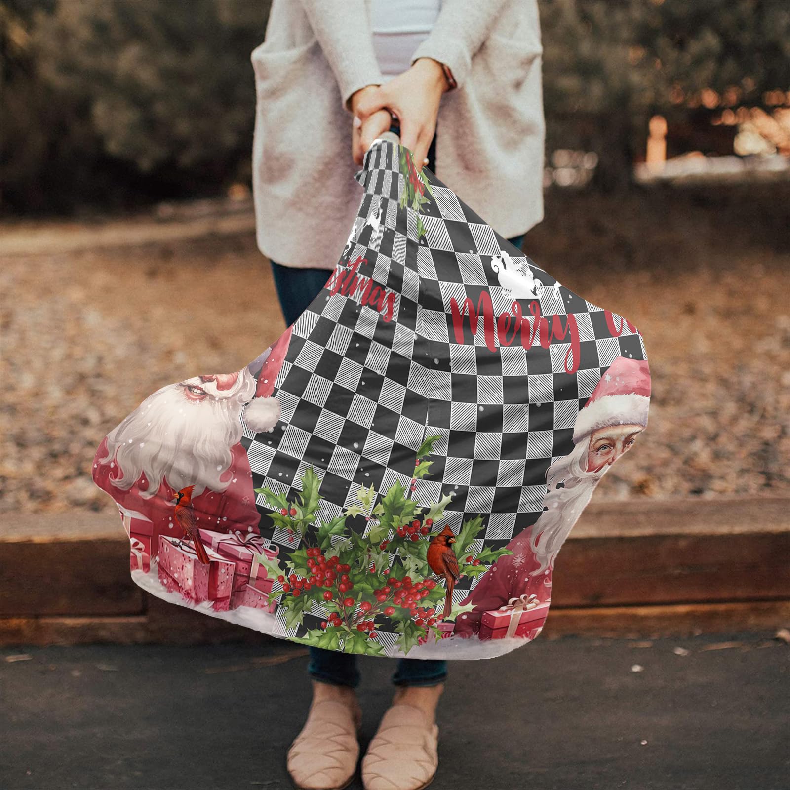 Nursing Cover for Breastfeeding Scarf, Merry Christmas Pink Santa Claus Black Striped Plaid Baby Car Covers Super Soft Multi Use for Canopy Shopping Cart Cover Blanket Stroller Cover