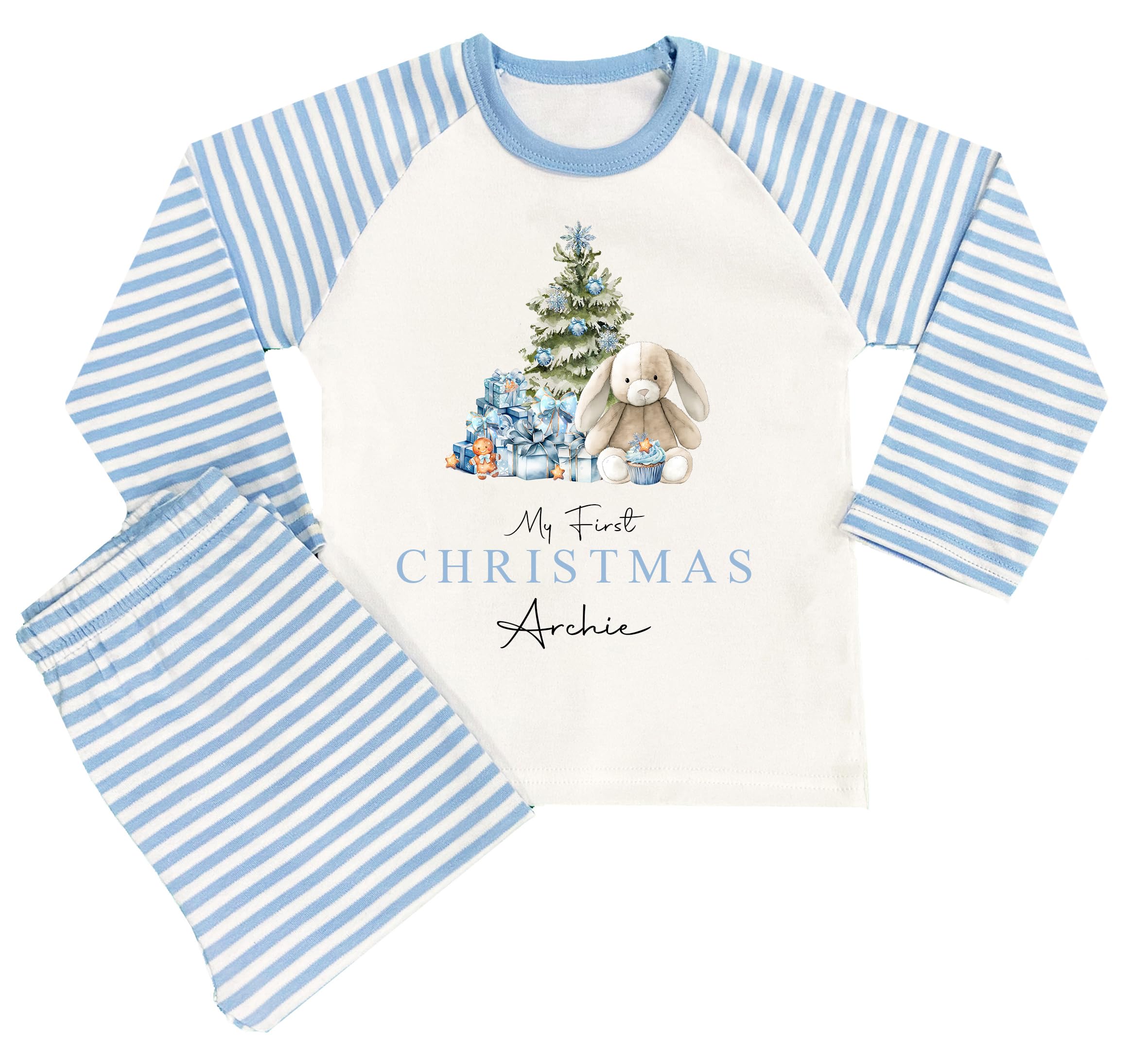 The Baby Box Uk Boys Blue My 1St Xmas Bunny Tree Personalised First Christmas Pyjamas 1St Baby Xmas Pjs (, 6-12 Months)