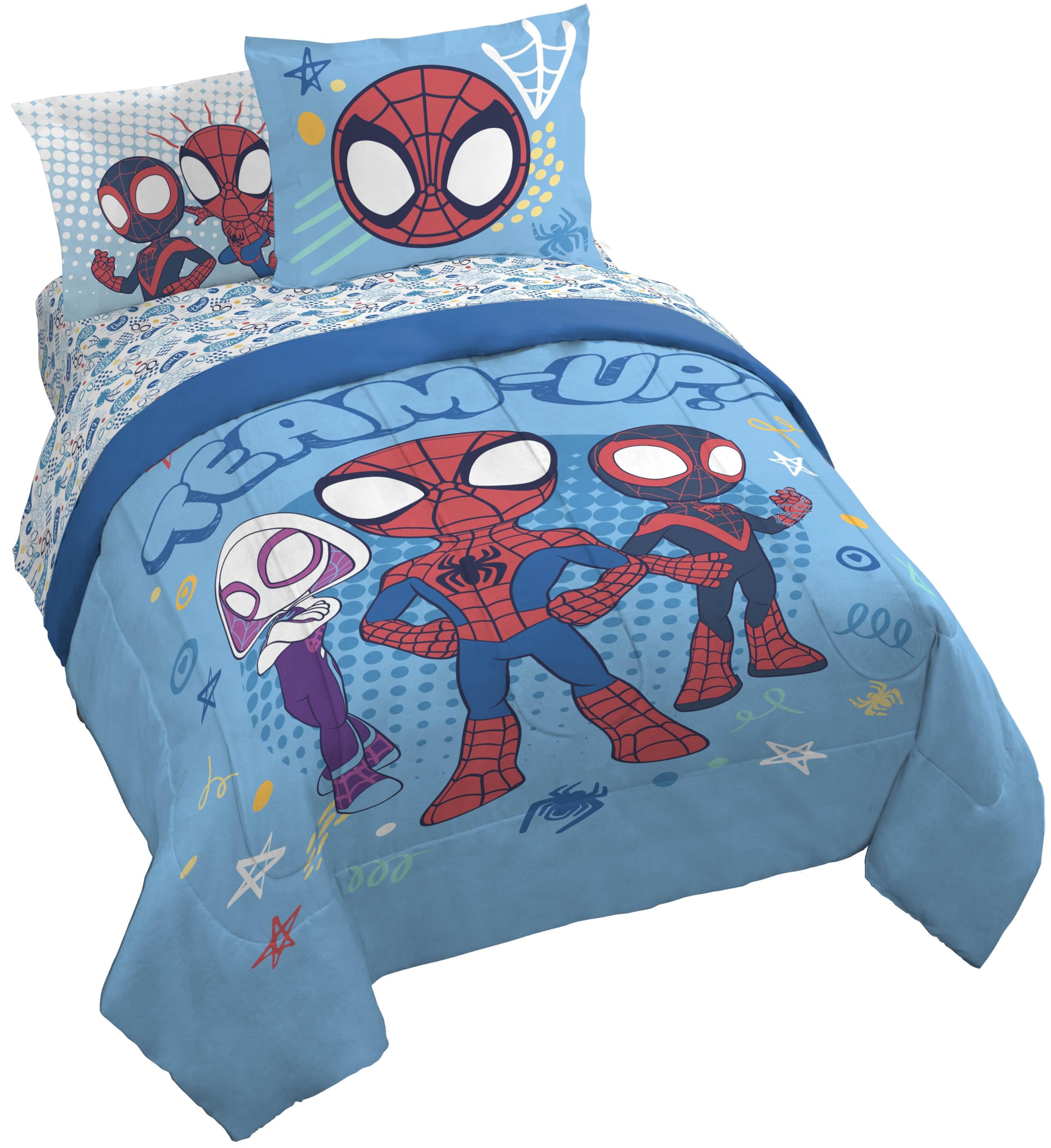 Jay Franco Kids Comforter Set Includes Sheets and Pillow Covers - Soft and Cozy Bed Set for Stylish Room Decor, Light Blue - Spidey & His Amazing Friends, 7 Piece Queen Bedding