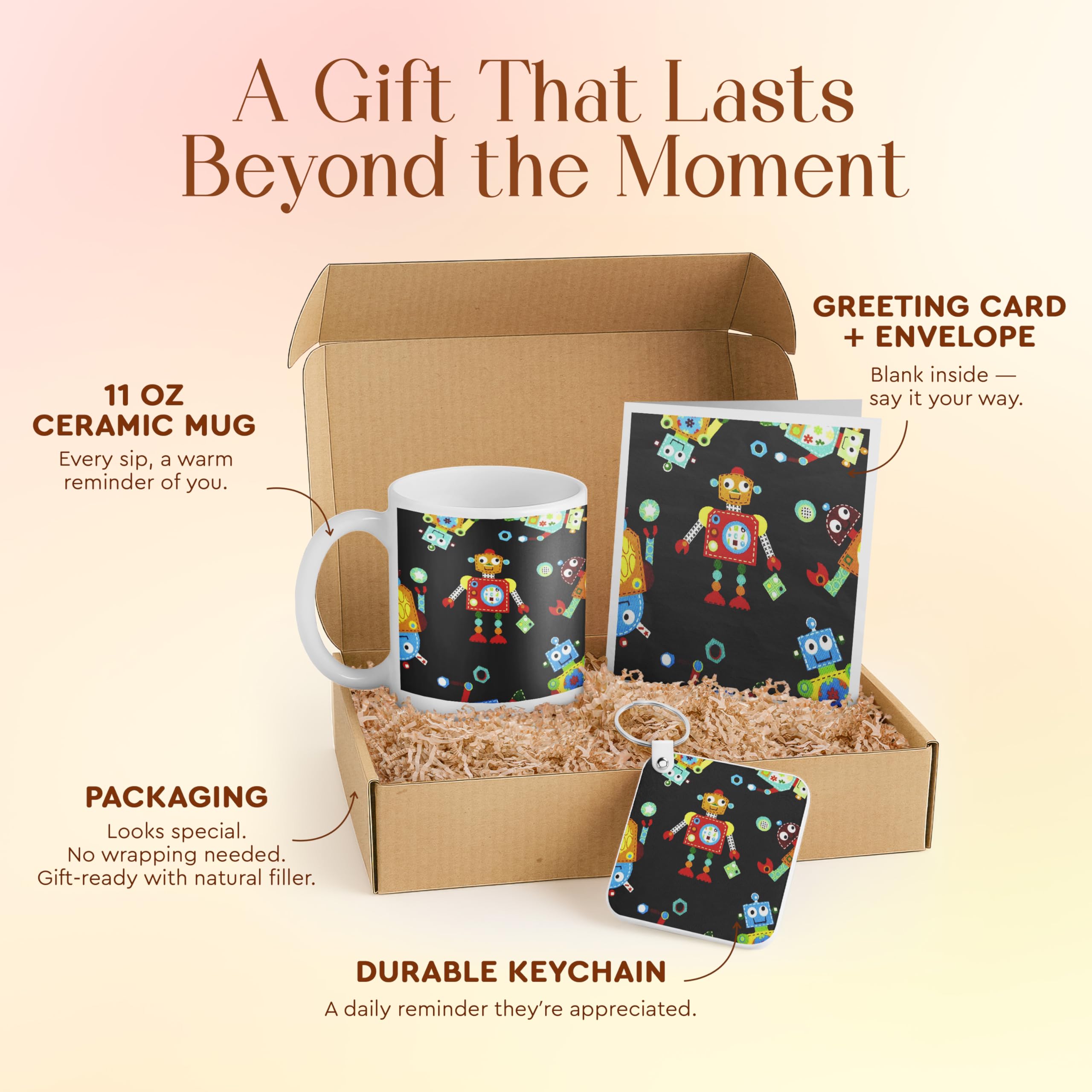 3dRose Robot Themed Gift Set for Kids – Includes Mug, Keychain, and Card – Perfect Birthday or Holiday Gift for Children