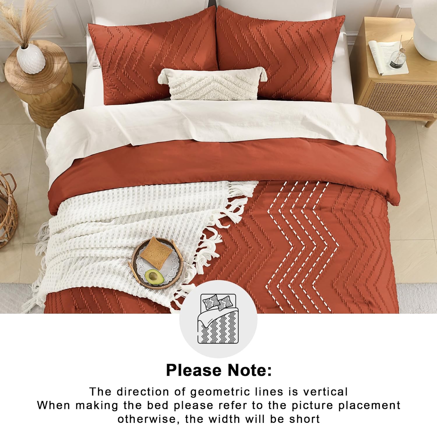 Andency Burnt Orange King Size Comforter, Boho Terracotta Soft Warm Bedding Comforter Sets for King Bed, 3 Pieces Rust Chevron Tufted Aesthetic Microfiber Lightweight Comforter Set - Image 5