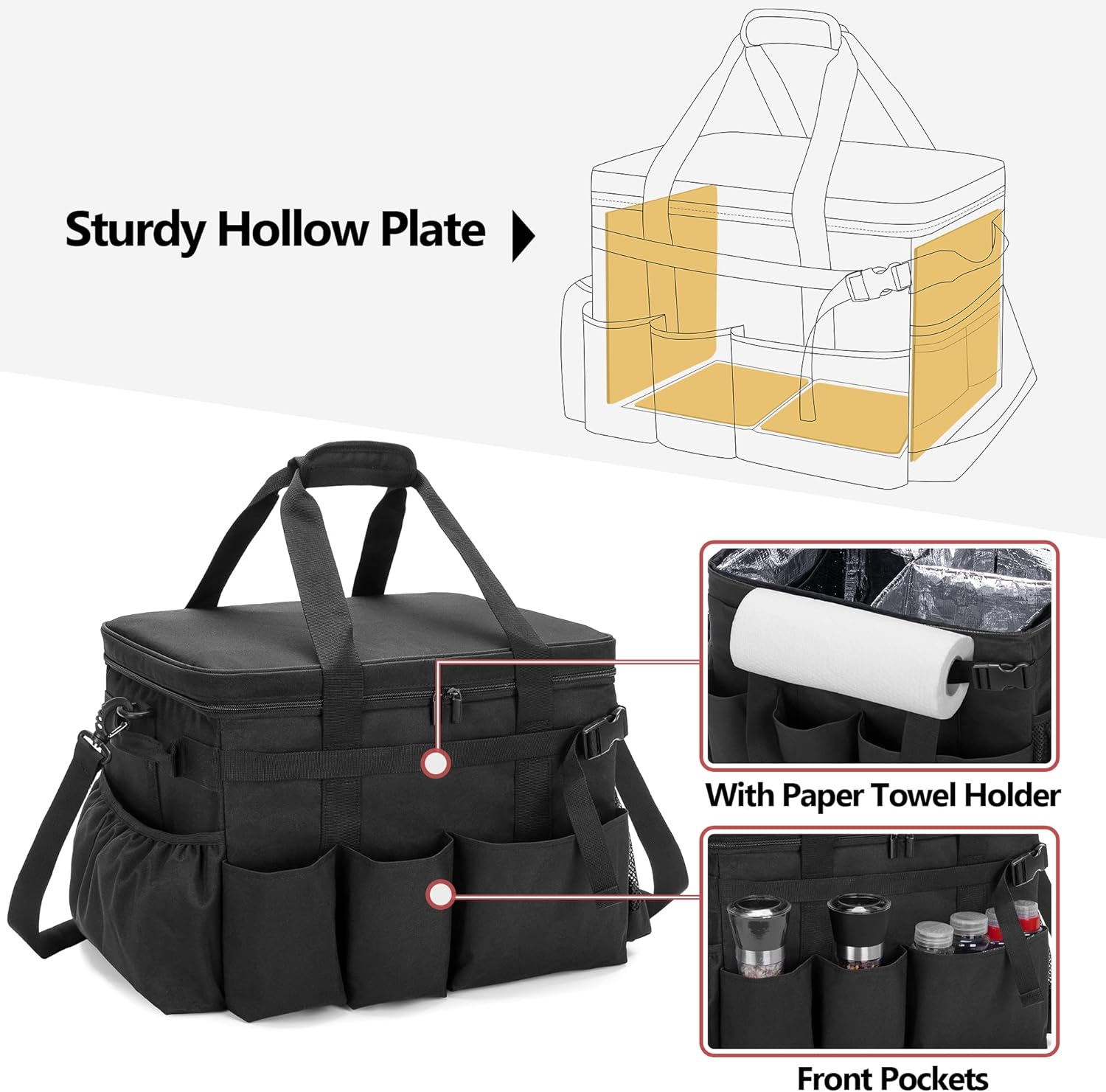 Large Grill Caddy with Lid, BBQ and Picnic Bag Organizer with Paper Towel Holder, Tailgating Accessories Basket for Barbecue Utensil & Camping Gear Must Haves, Black, Bag Only