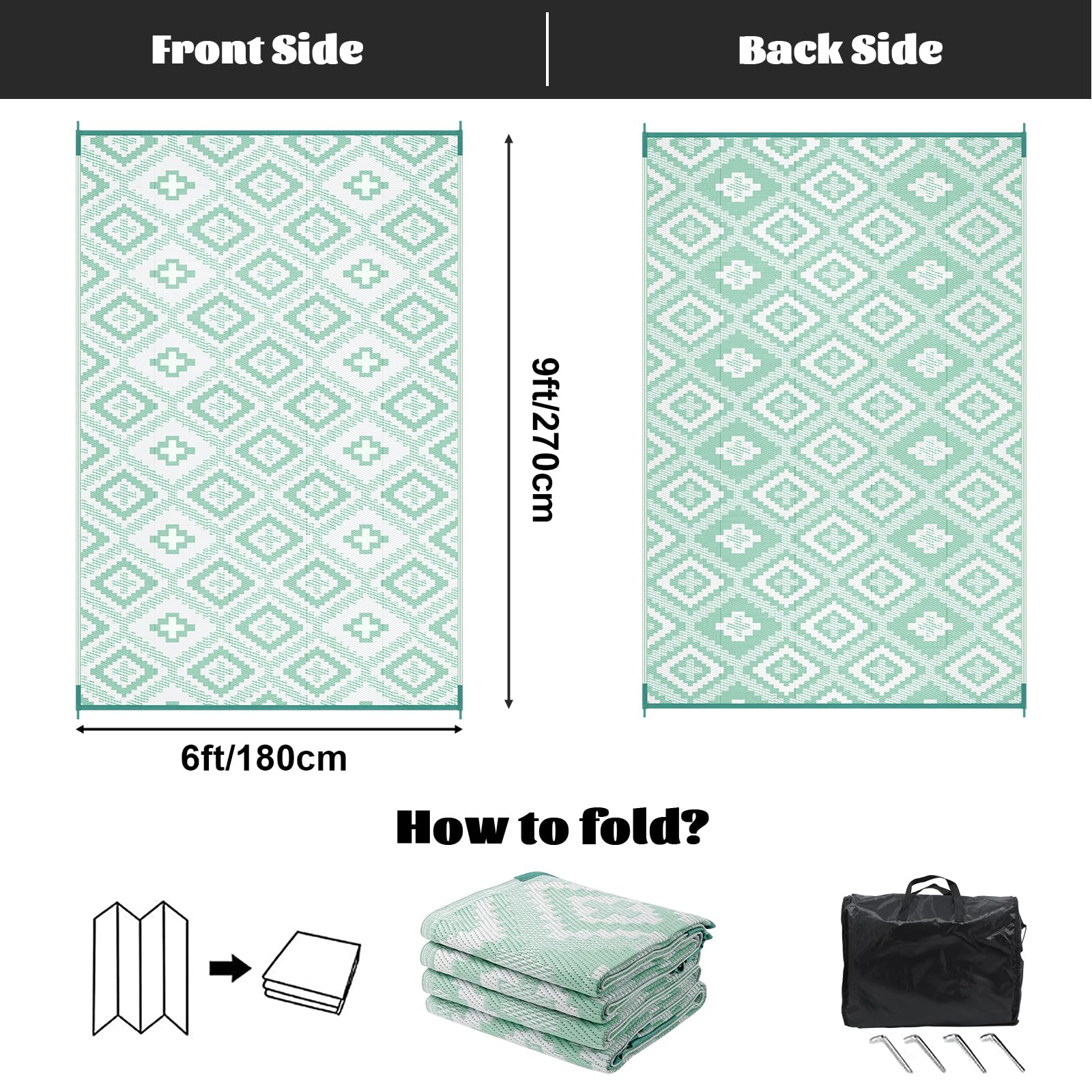 Enyhom Tapis d'extérieur en plastique imperméable, résistant aux UV, facile à nettoyer, pour camping-car, camping, pique-nique, jardin, terrasse, vert, 180 x 270 cm