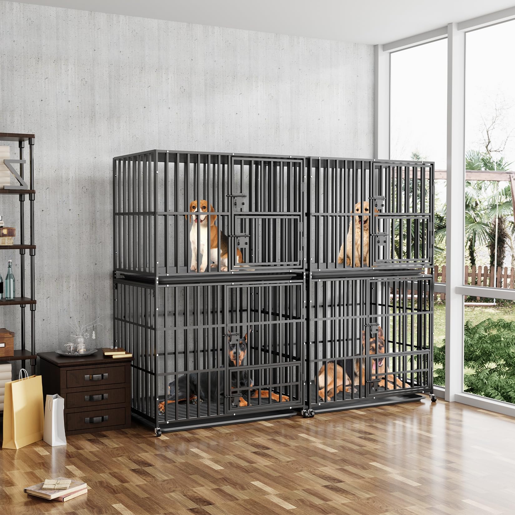 BingoPaw Cage Chien Interieur Solide: Caisse de Transport Double sur Roulette Grande Taille - Cages Deux Niveaux Robuste Extérieur pour Grand Chiens en Métal avec 2 Plateau Amovible 95x57x144.5cm