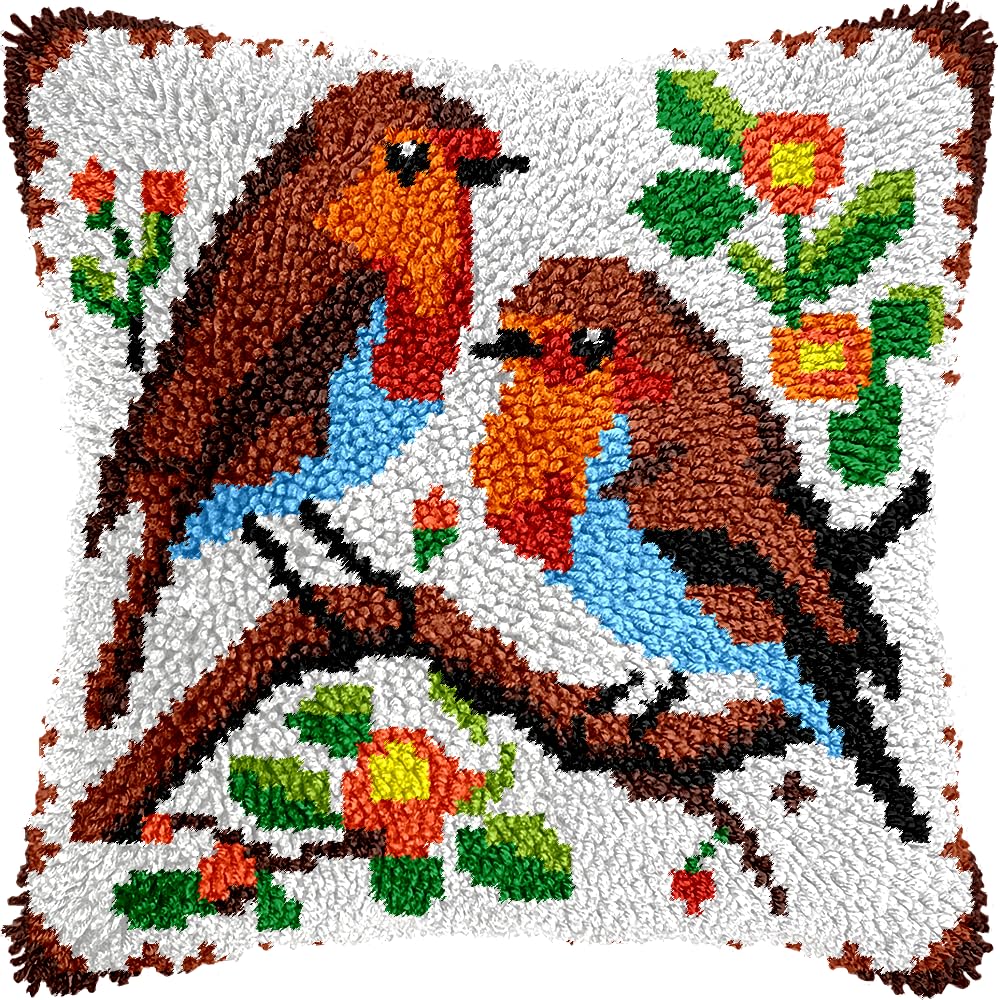 veirousa Robin Birds Latch Hook Pillow Kits for Adults Beginners, Pre-Printed Latch Hook Rug Set Cross-Stitch Embroidery Cushion for Home Sofa Decoration 17x17 Inch