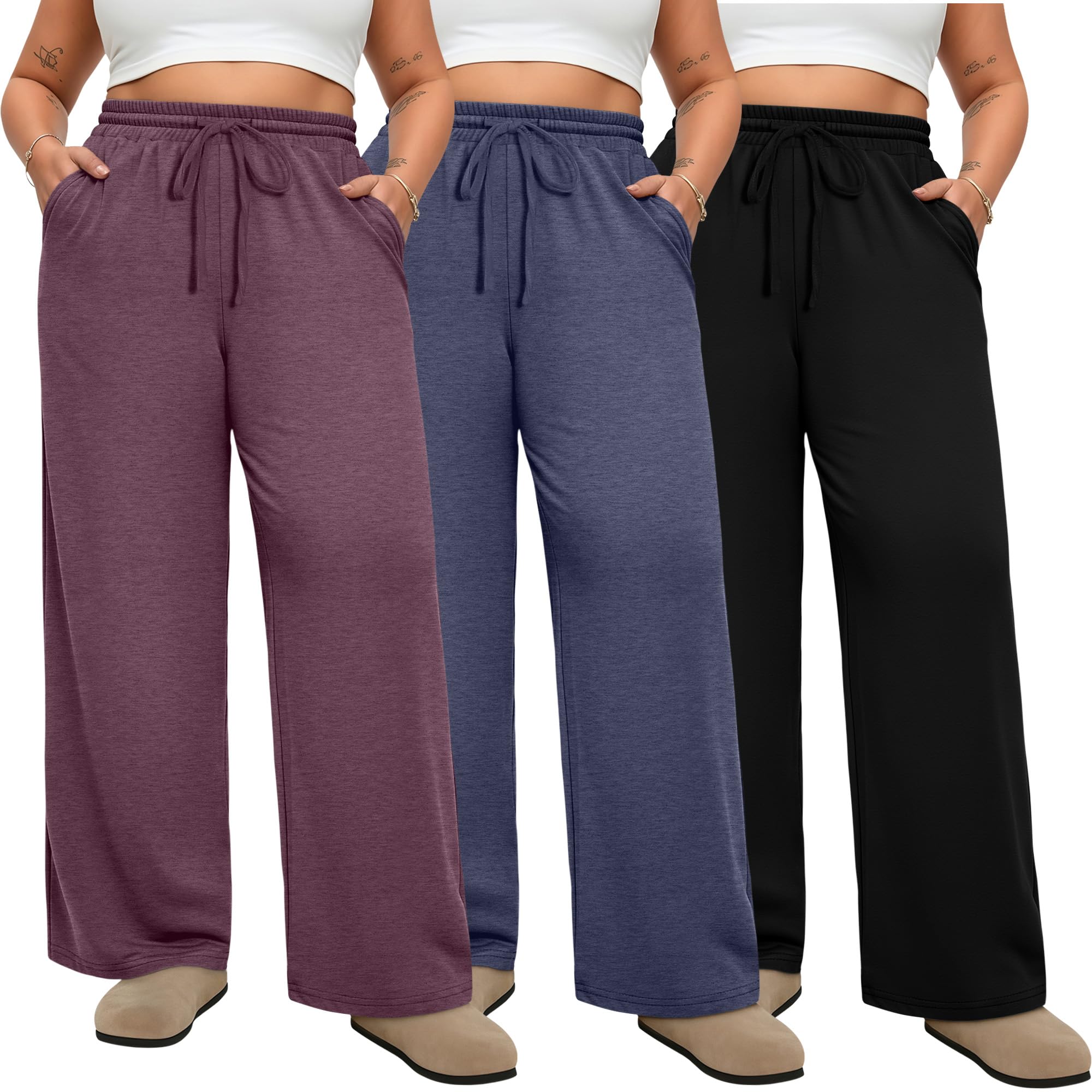 Neer Confezione da 3 pantaloni sportivi da donna, taglie forti, a gamba larga, a vita alta, con coulisse, per yoga, lounge, pantaloni aperti con tasche