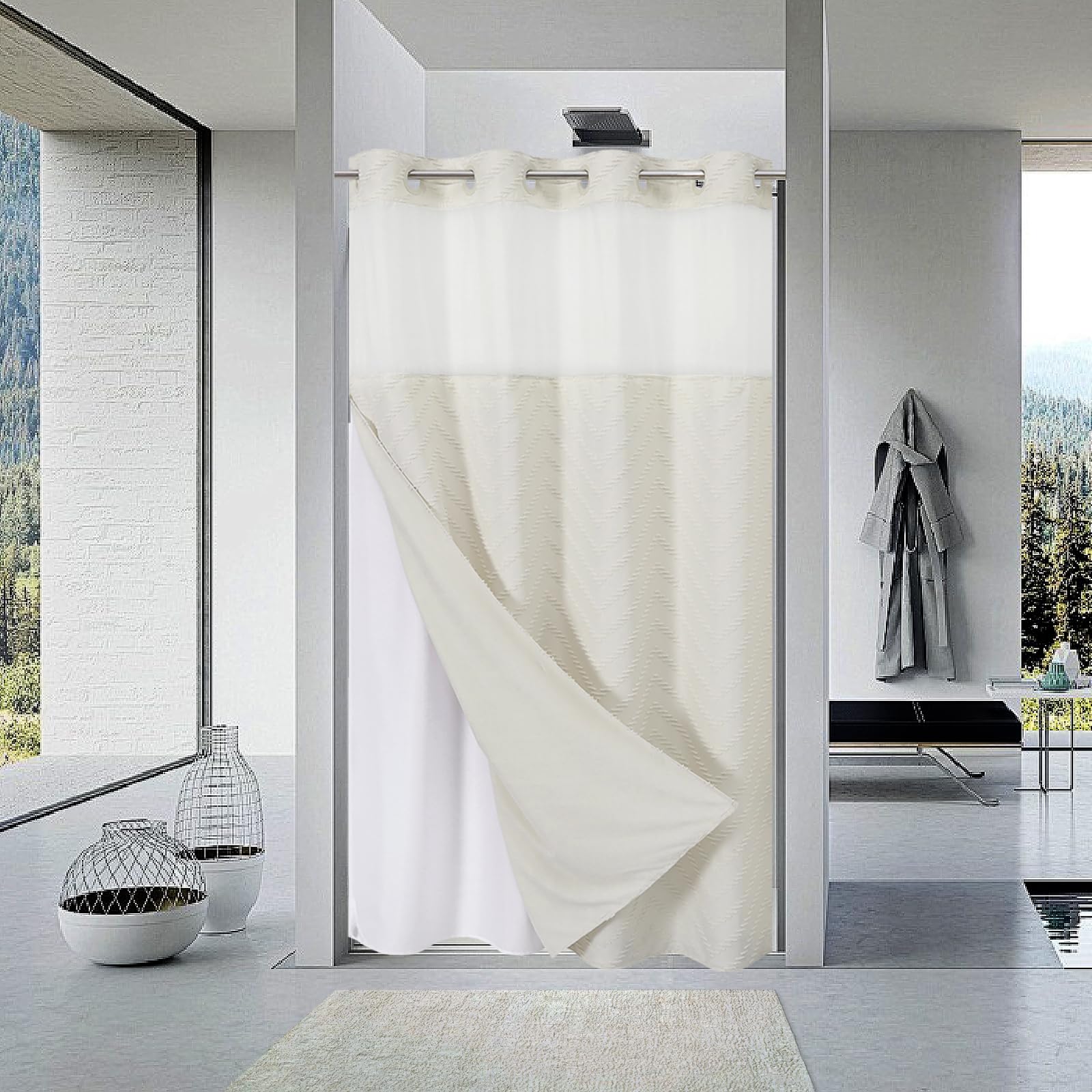 eachope No Hook Boho Farmhouse Shower Curtain with Snap-in Fabric Liner set-54Wx80H(78H),Cream Tufted Chevron Striped Hotel Grade Cloth Shower