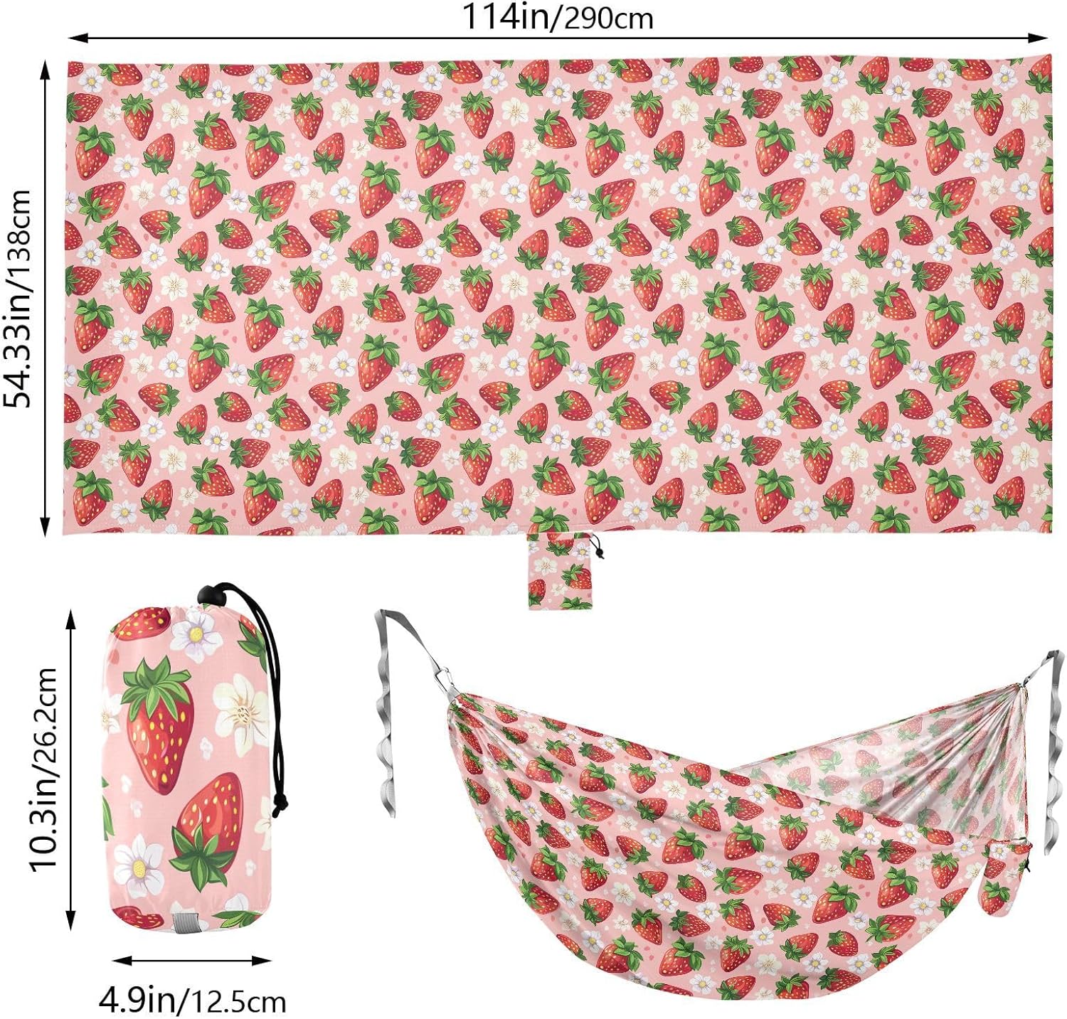 ALAZA Strawberry Daisy Pink Camping Hammocks Single or 2 Person 500 lbs Portable Parachute Travel Hammock w/Tree Straps for Hiking Backpacking Indoor Outdoor