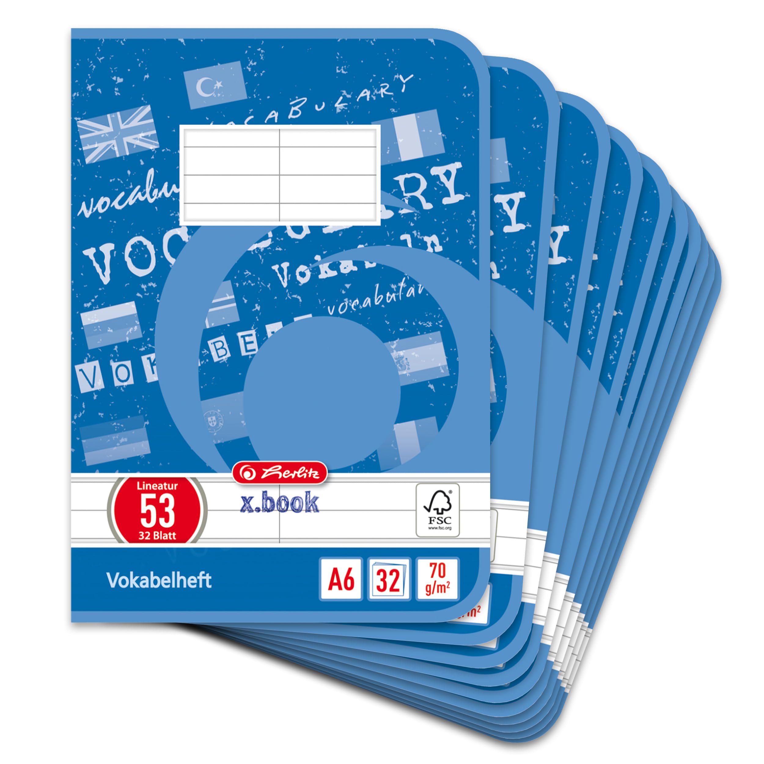 Herlitz 413682 zeszyt do słówek A6, 32 arkusze, liniatura 53, FSC Mix, 10 sztuk