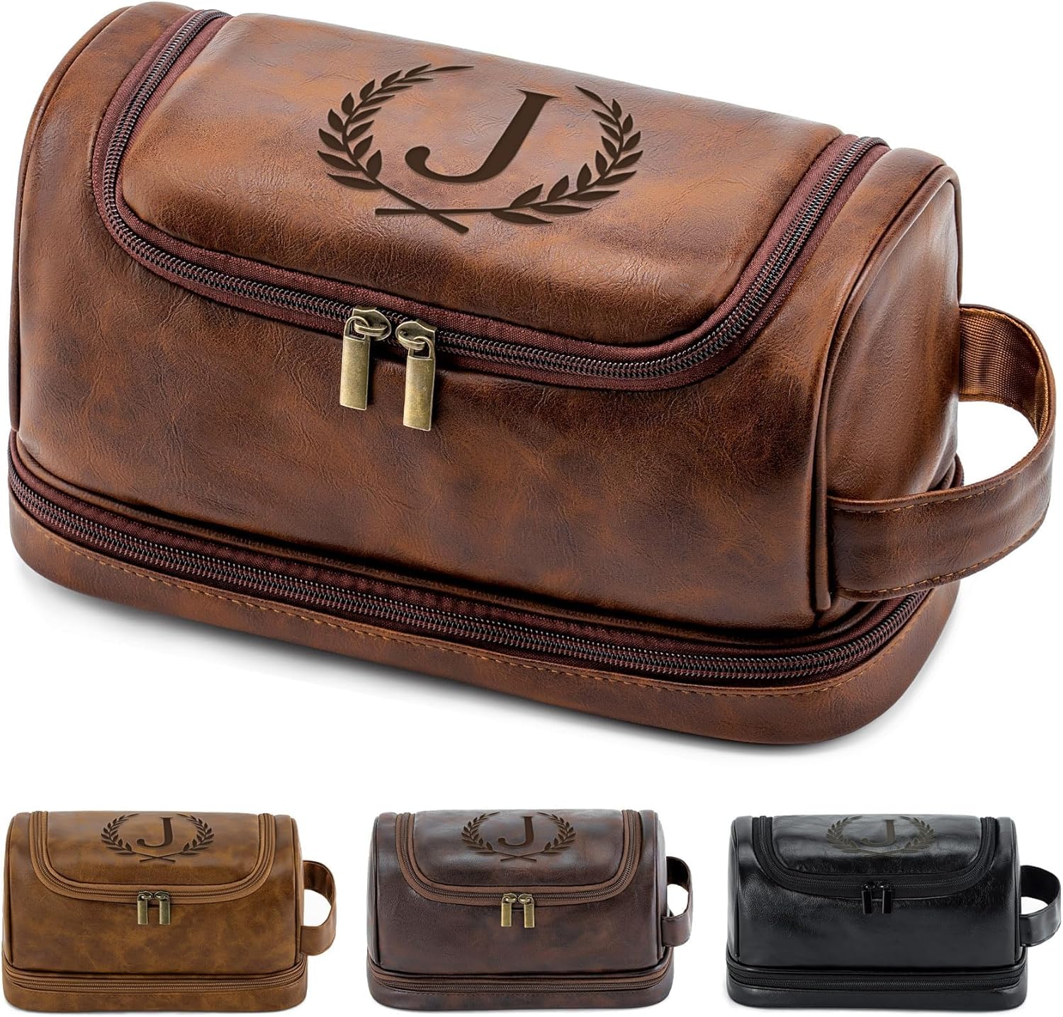 Personalized Christmas Birthday Gifts Toiletry Bag for Men Dad Husband, Custom Initial PU Leather Waterproof Toiletry Organizer Dopp Kit Shaving Bag Travel Essential for Men, Reddish Brown J