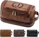 Personalized Christmas Birthday Gifts Toiletry Bag for Men Dad Husband, Custom Initial PU Leather Waterproof Toiletry Organizer Dopp Kit Shaving Bag Travel Essential for Men, Reddish Brown J