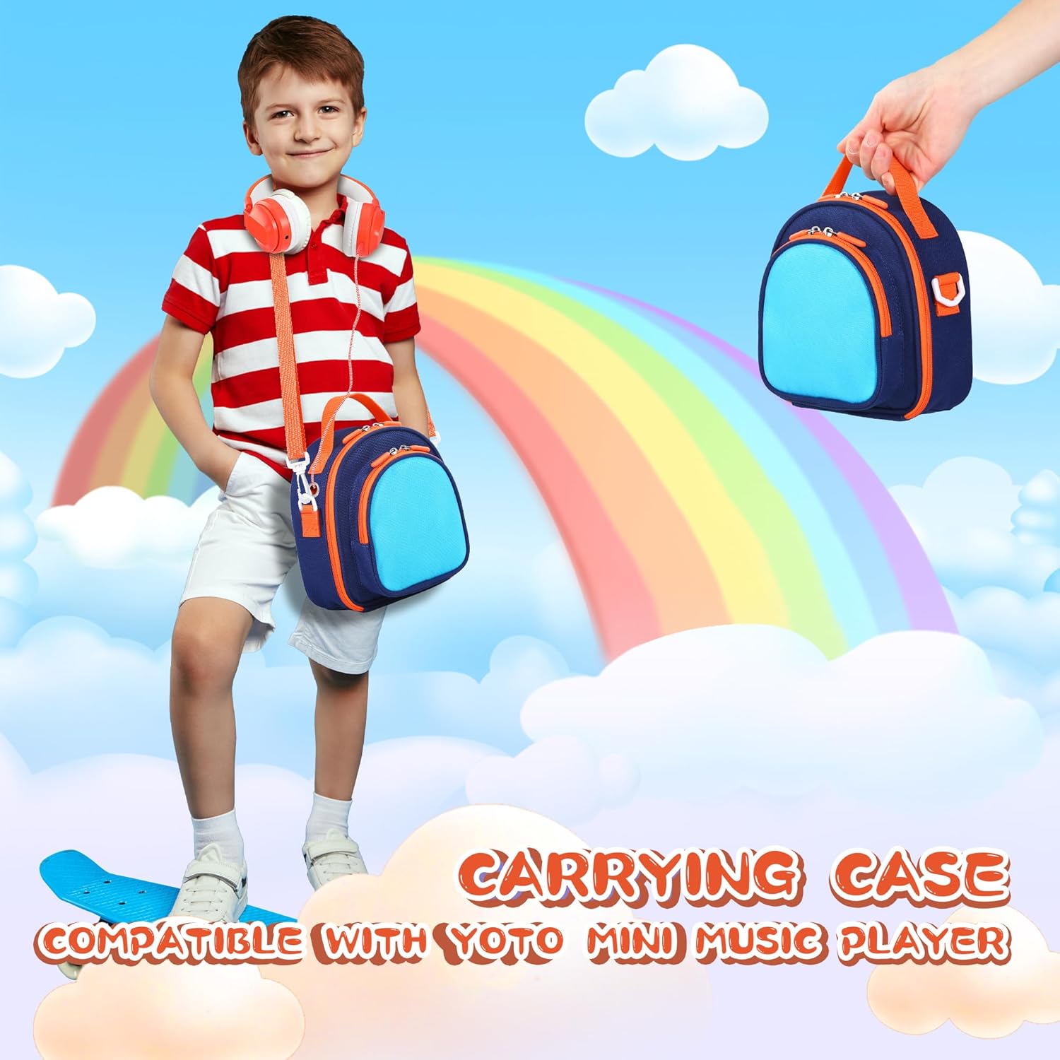 Travel Storage Bag and Silicone Carrying Case Cover Compatible with Yoto Mini (2024 Edition) Bluetooth Audio Player and Accessories (Rainbow Blue)