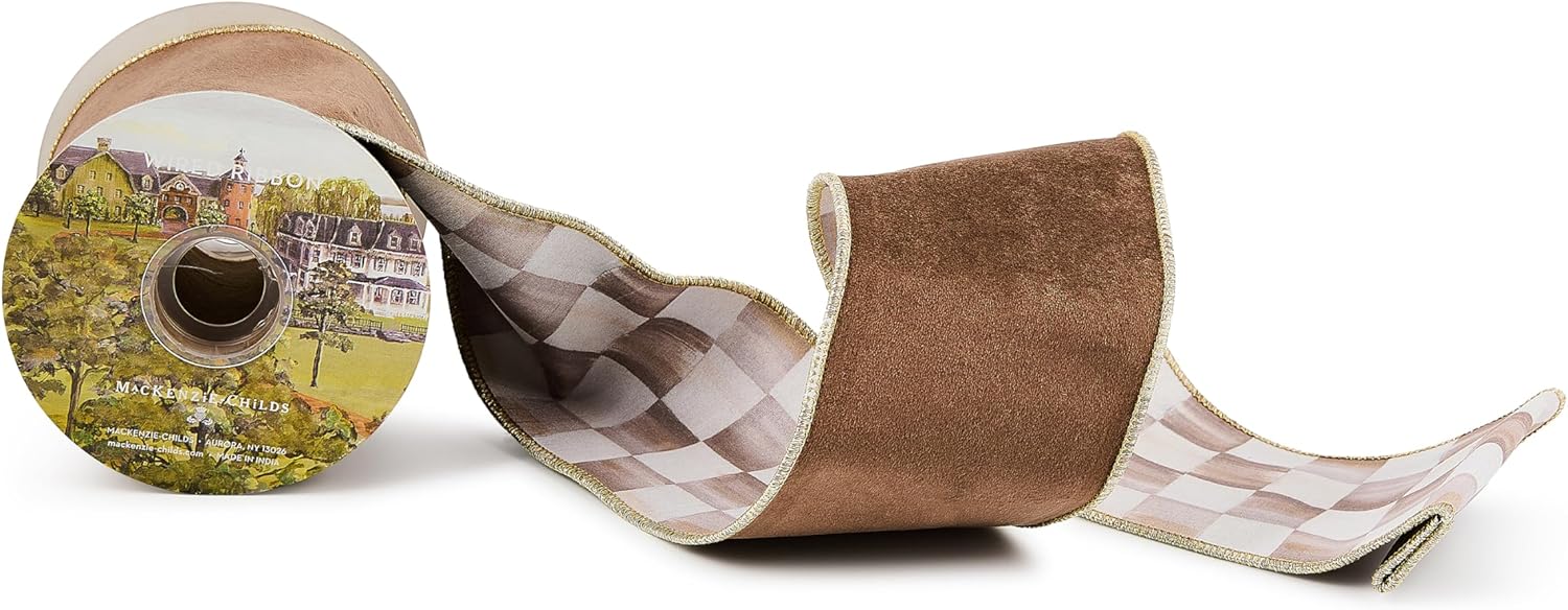 MACKENZIE-CHILDS Holiday Ribbon, Decorative Ribbon for Christmas Gift Wrapping and Wreaths, 4 Inches Wide, 5 Yards, Brown-and-White Mocha Check Suede