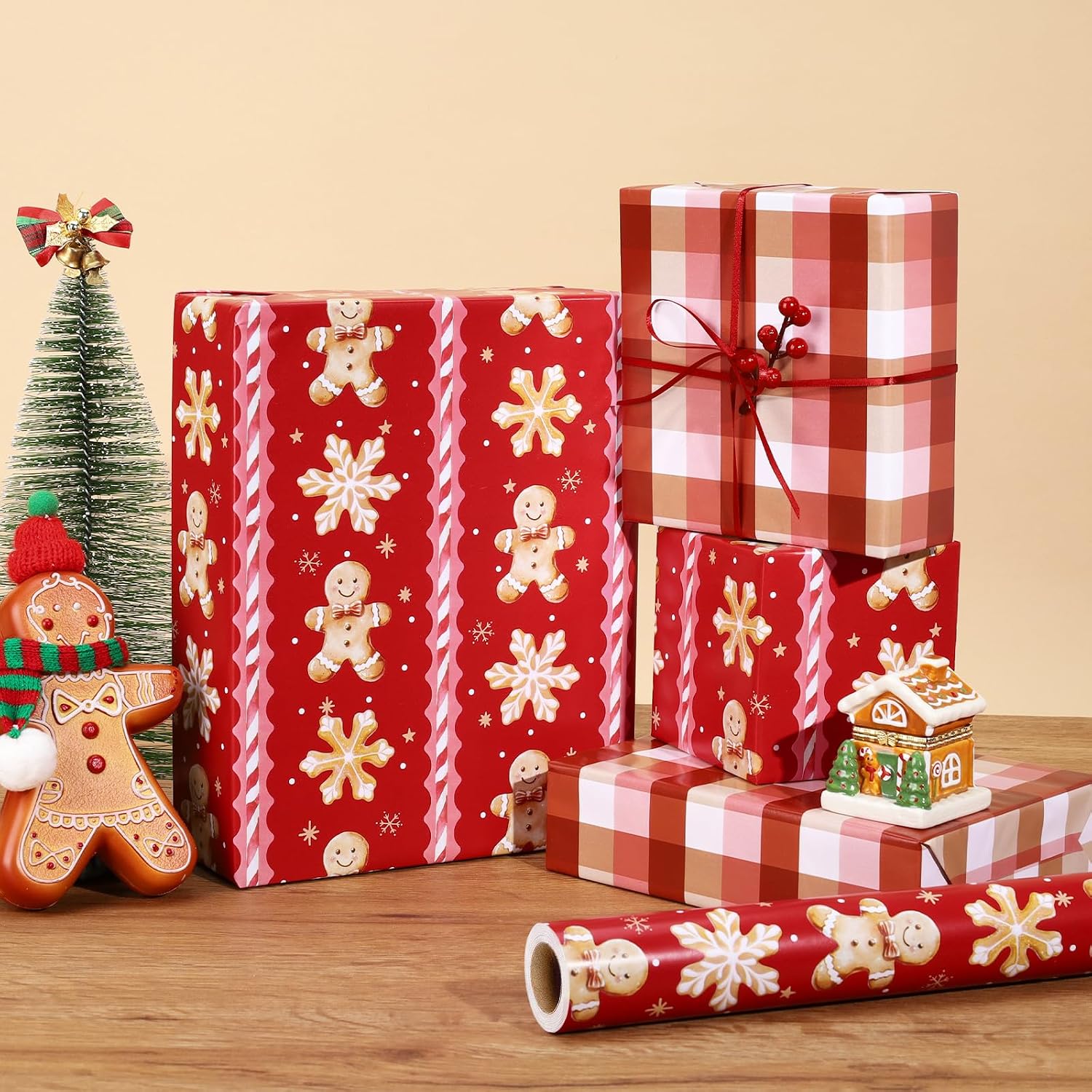 BIOBROWN Christmas Wrapping Paper Red Gingerbread Man & Plaid Design image 2