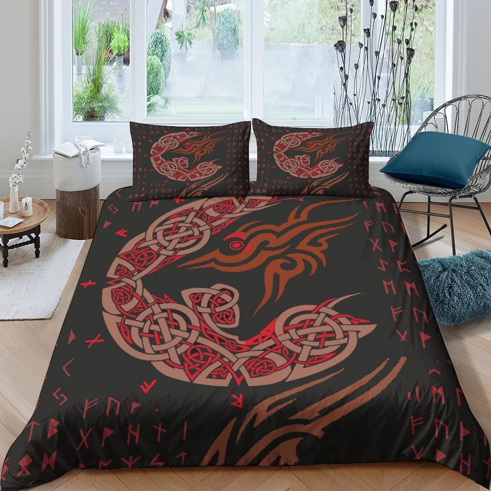 Ctjqhvkz Style-5 3D Printed Norse Dragon Fitted Sheet Microfiber Soft Black Red Viking Knot Mattress Cover For Bedroom Dorm Decor Single（135X200cm）