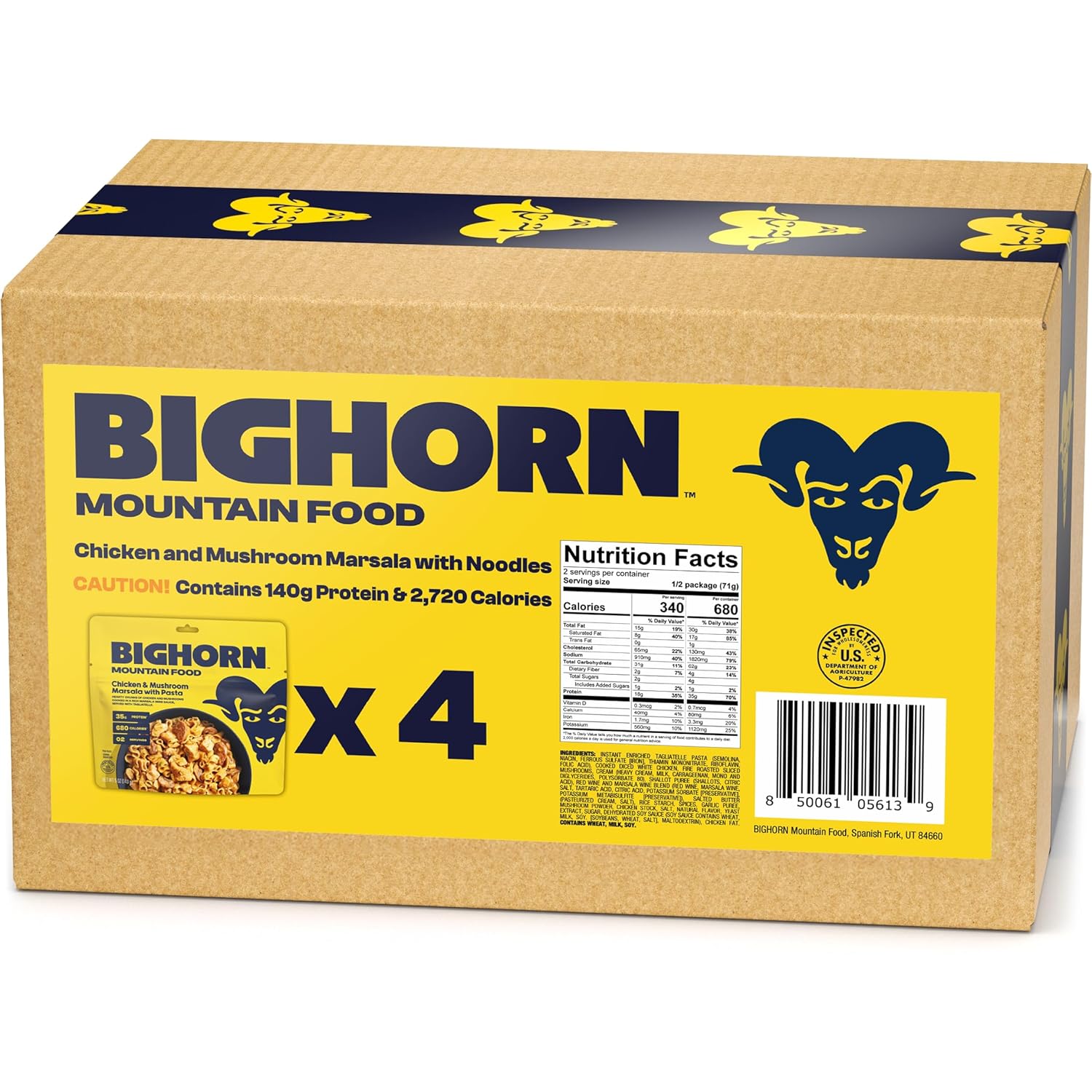 BIGHORN Mountain Food Chicken and Mushroom Marsala with Noodles - contains 4 packs | 8 servings | 140g Protein | 2,720 Calories - premium freeze dried meals for backpacking food - dehydrated camping food for backpacking meals - ideal camping meals - just add water - great taste