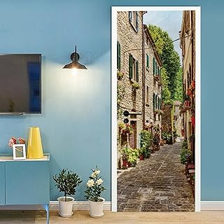 3D Door Stickers for Interior Doors Narrow Street in The Old Town in Italy Vinyl Removable Self Adhesive Door Poster Wallpaper Mural Decals for Bedroom Office Bathroom 95 x 215 cm