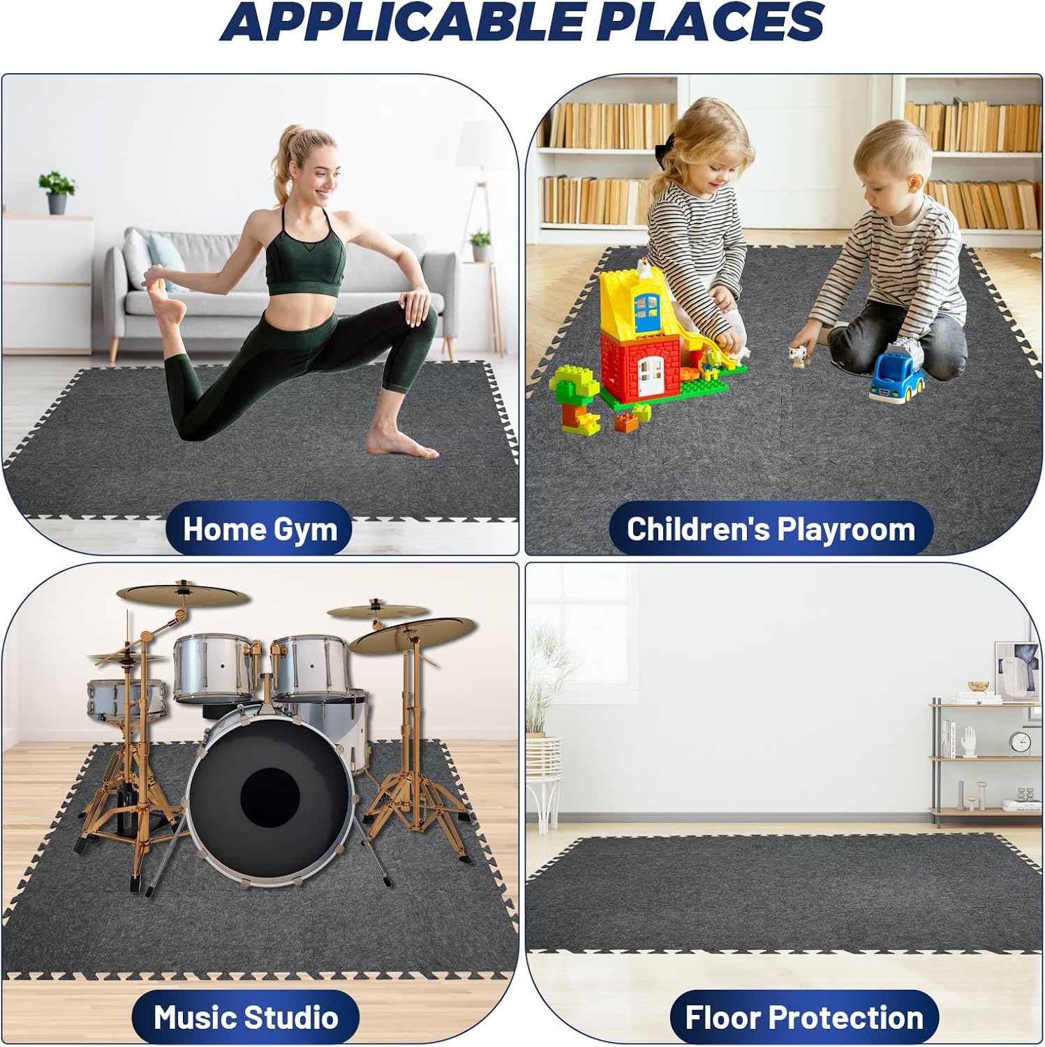 Focusound 20Pcs Sound Absorbing Interlocking Drum Rug, 11.8 x 11.8 x 0.4 inches High Density Soundproof Floor Mats, Non-Slip Anti Vibration Piano Carpet Drum Mat for Music Studio, Grey