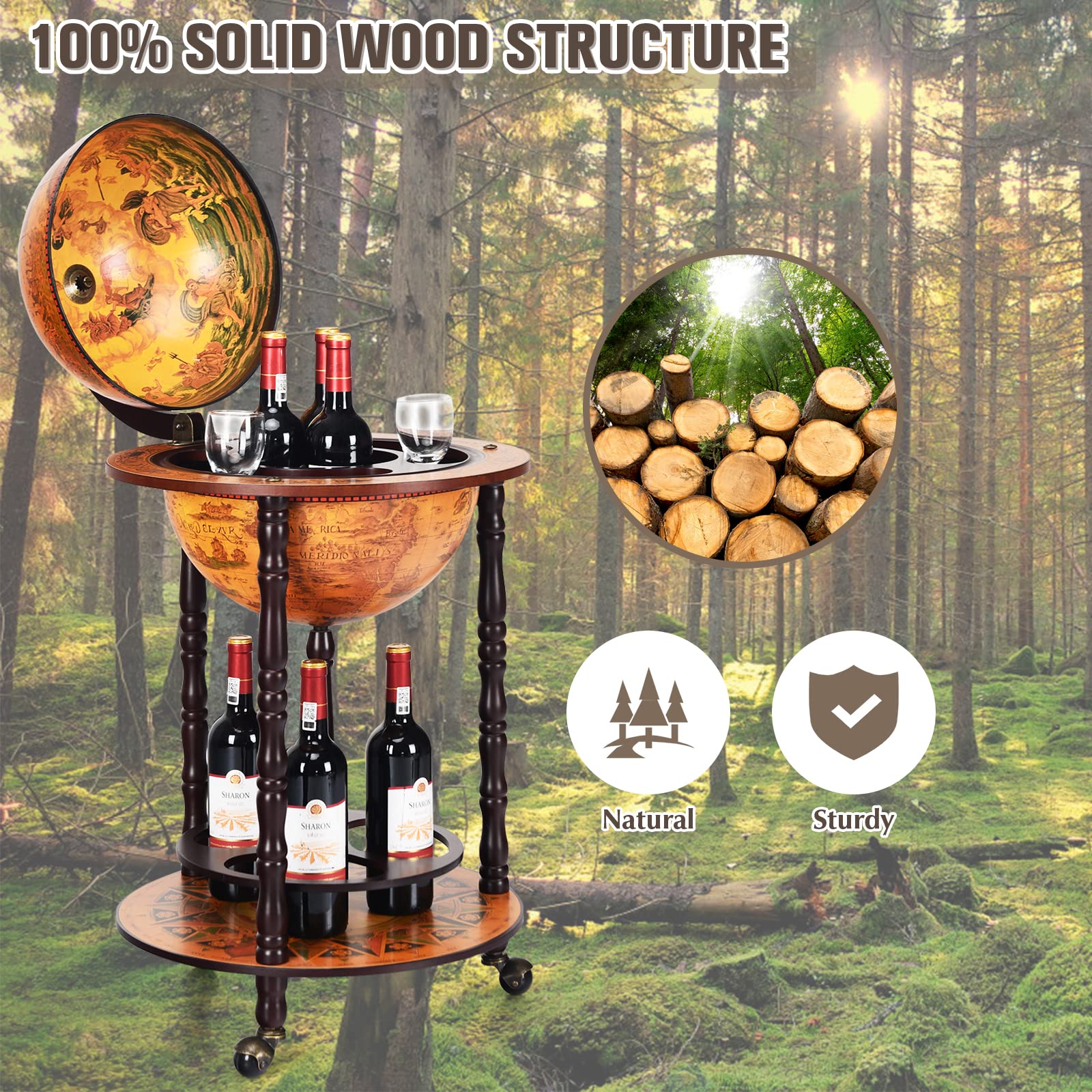 KOMFOTTEU Botellero Bar Globo Terráqueo con Ruedas, Soporte para Botellas de 2 Niveles, Carrito de Bar de Madera, Mueble Minibar para Bebidas, para Restaurante, Fiesta (Marrón, 47 x 47 x 90 cm)