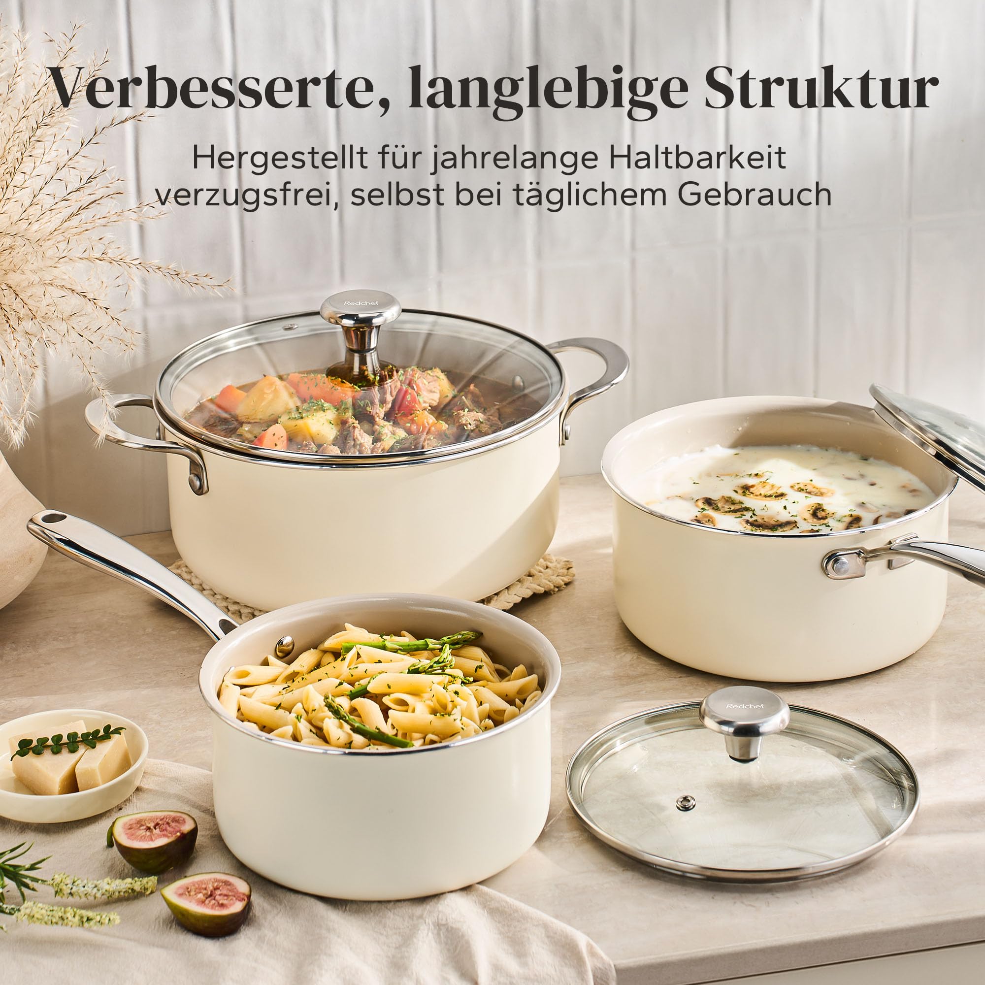 Redchef Keramik Kochtopfset, Topfset Induktion 6-teilig mit Glasdeckel, Kochtöpfen 24 cm, Kasserolle 18 cm, 20 cm für alle Herdarten & Backofenfest, Induktionsgeeignet (Beige)