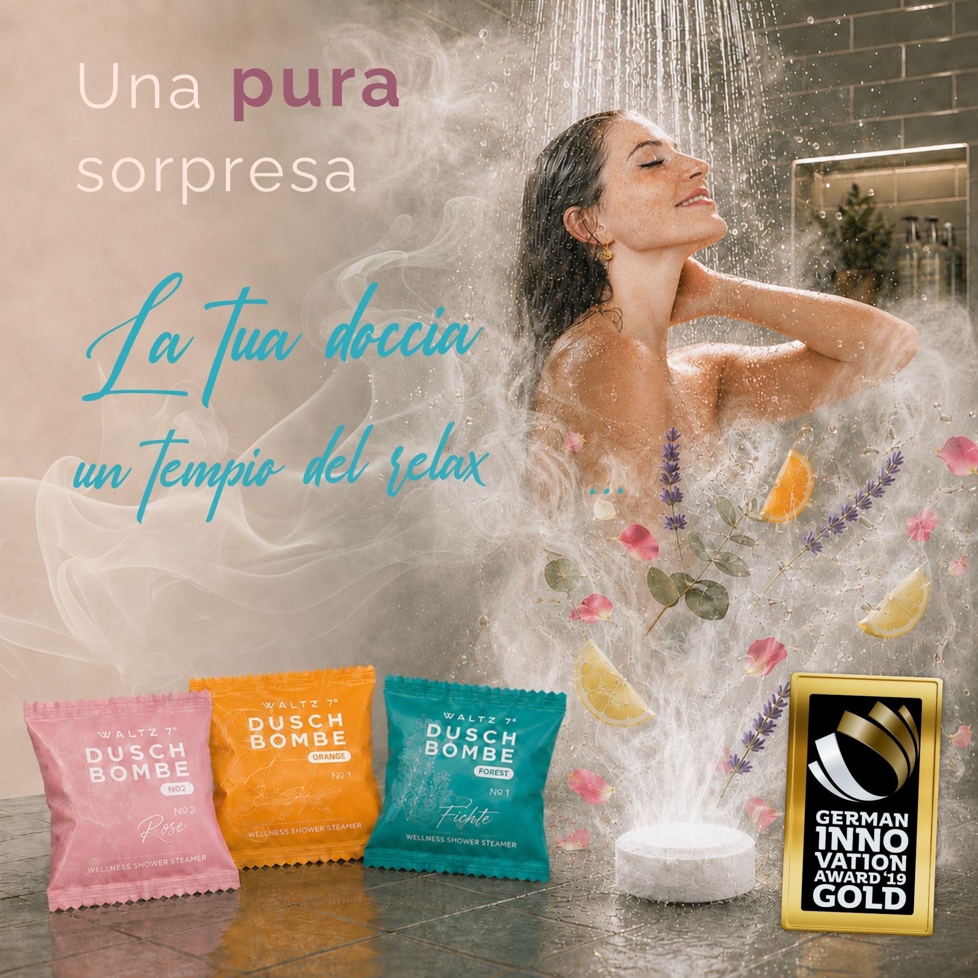 WALTZ 7 Bombe da Doccia Originali, 6 Pezzi con 6 Fragranze, Qualita dall Europa, Pastiglie da Doccia agli Oli Essenziali, Piccolo Regalo Donna, Uomo, Set Benessere per il Relax