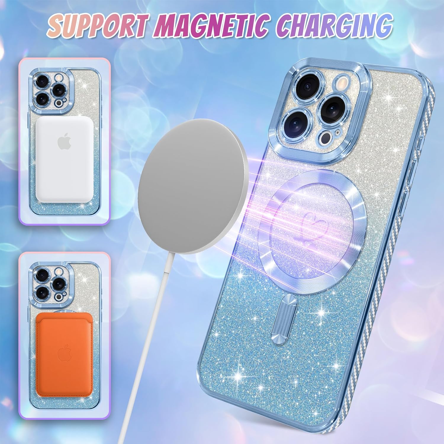Bonoma Compatible with iPhone 15 Pro Case Support for MagSafe, Plating Heart Glitter Magnetic 2* Screen Protector TPU Camera Protection Back Cover for Girls Women -Blue - Image 5