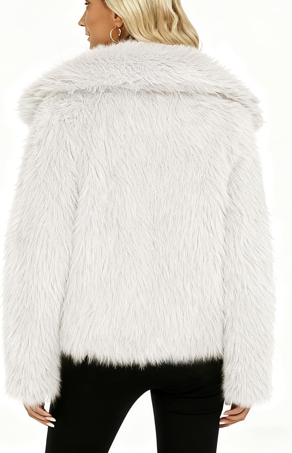 Funlingo Women's Faux Fur Coat Winter Long Sleeve Lapel Cropped Jacket Warm Shaggy Overcoat - Image 4