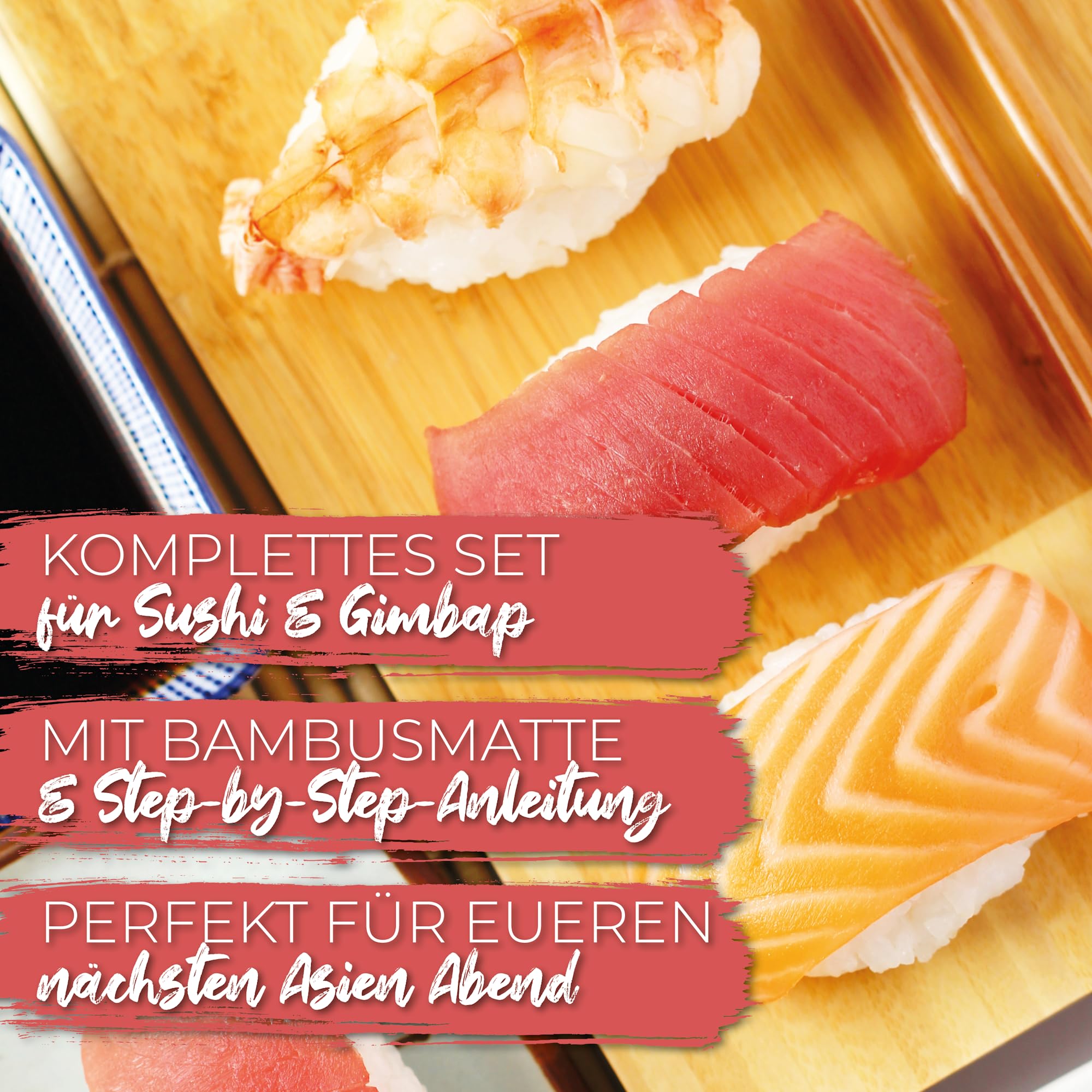Sushi Box + Gimbap – für 6 Portionen, 11-teilige Kochbox inkl. Rezepte für Maki, Nigiri, Inside-Out & Kimbap – mit Reis, Nori, Sojasauce, Wasabi & Bambusmatte, vegan, Japan Geschenkidee