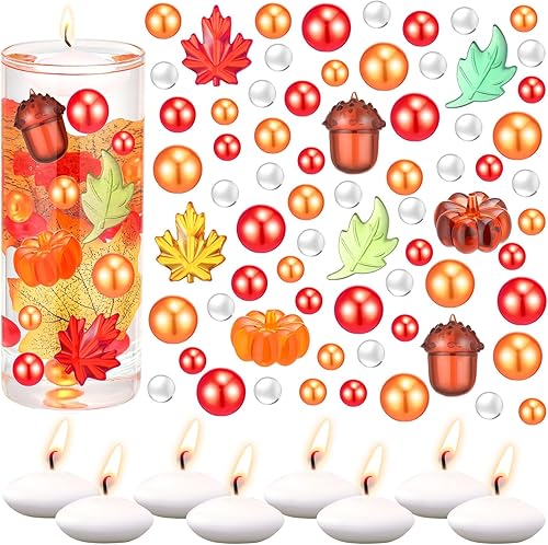Barydat Juego de 6141 piezas de relleno de jarrón de Acción de Gracias, hojas de calabaza, bellota, geles de agua de perlas sintéticas, velas