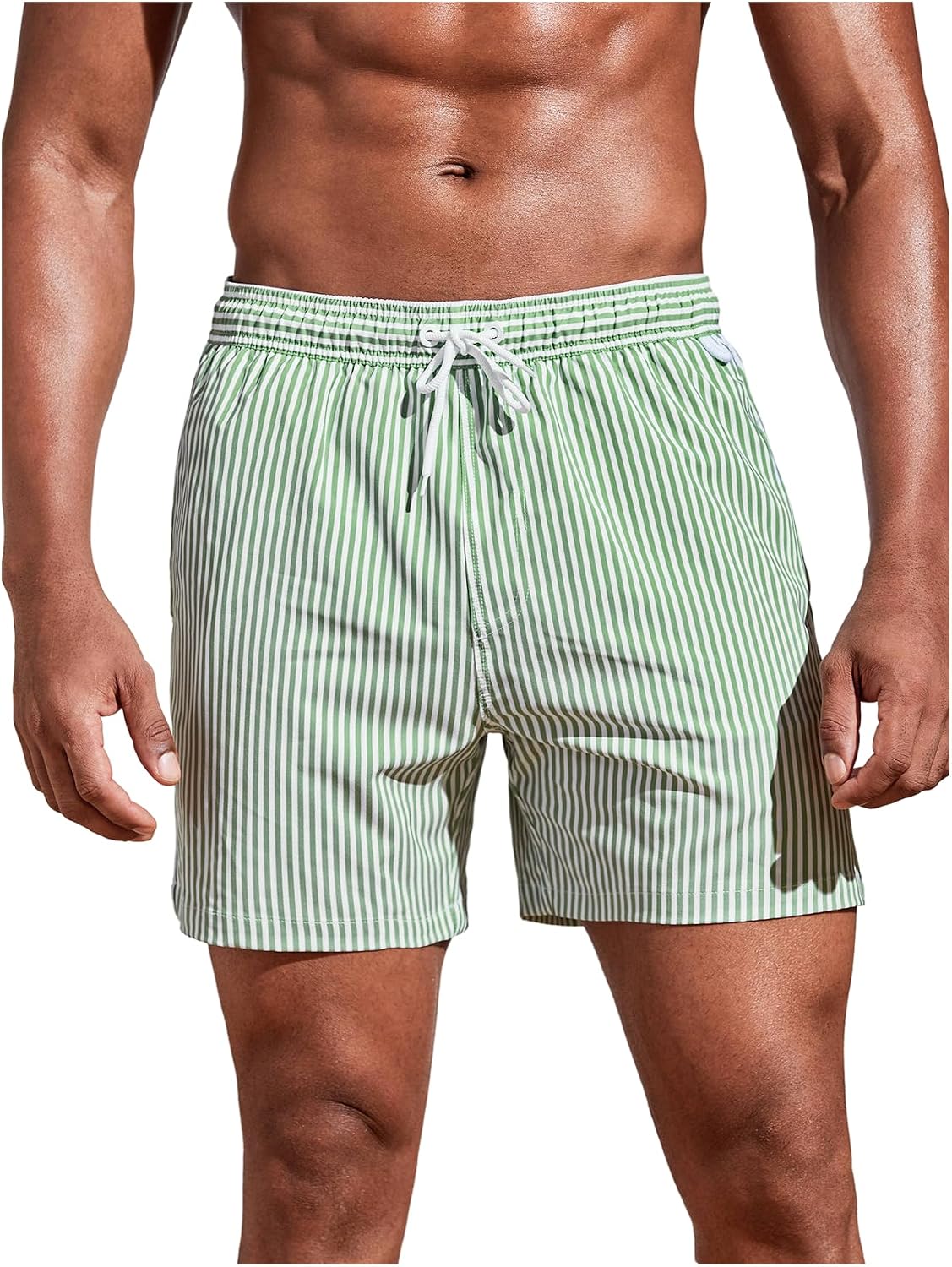 Floerns Men's Striped Swim Trunks Drawstring Waist Board Shorts Beach Shorts with Pockets