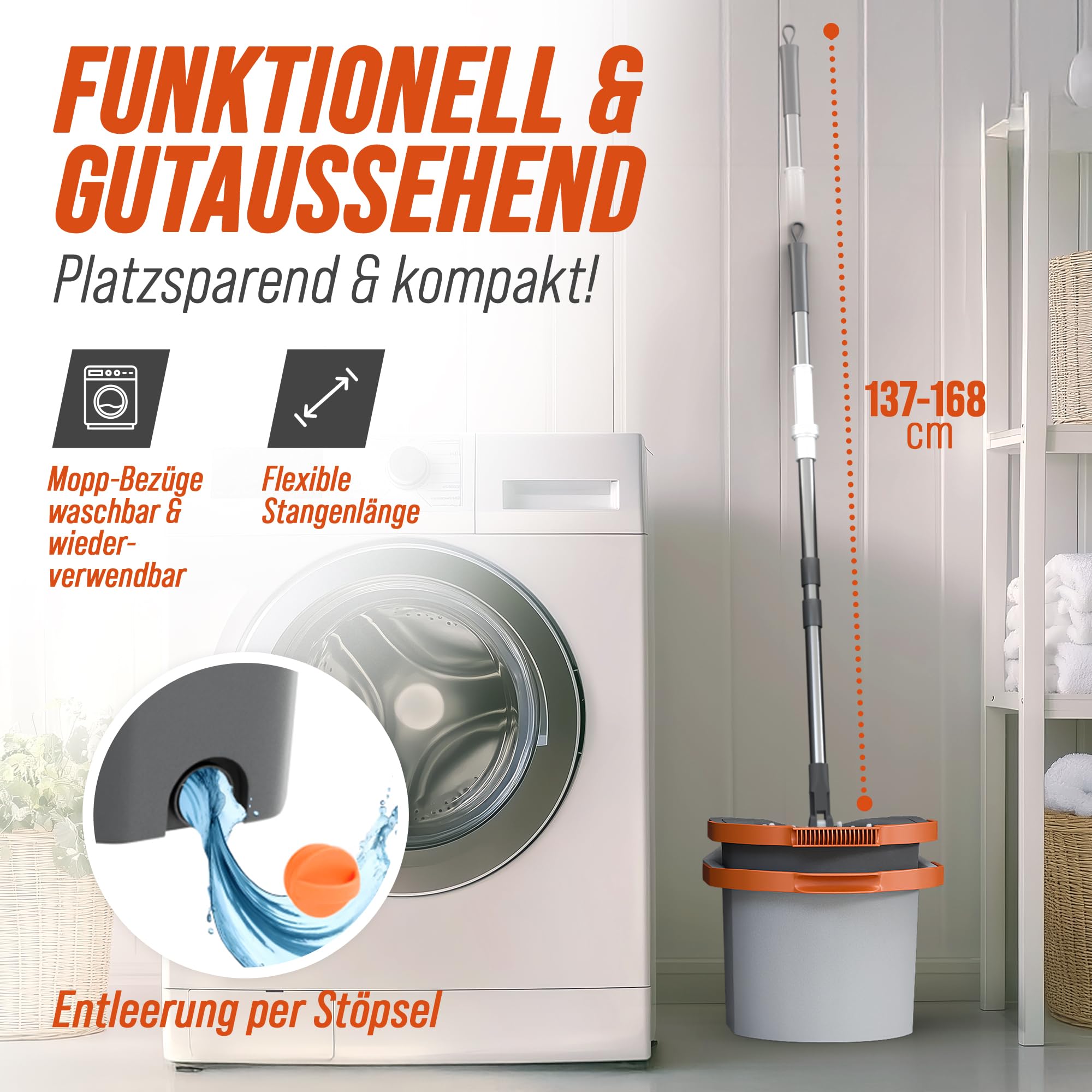 Wischmopp Set mit Eimer [Schmutzwasser Trennung] Bodenwischer mit Pedal-Auswringfunktion & 2 Mikrofaserbezügen – Mop Set für alle Bodenarten