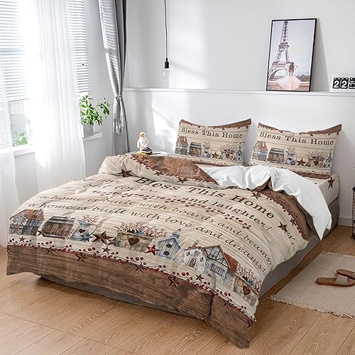 Bless This Home - Juego de funda de edredón de madera antigua rústica con cita de 4 piezas, tamaño Queen, ultra suave, para niños, adolescentes,