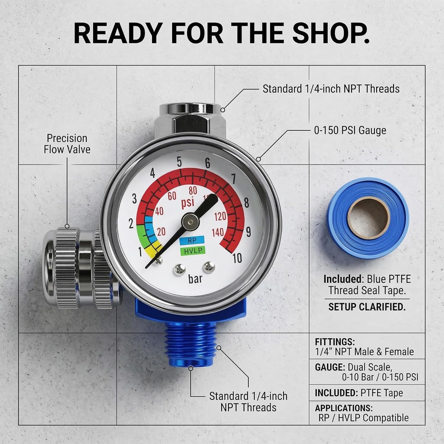 LE LEMATEC Air Compressor Regulator & Flow Control Valve with Pressure Gauge - for Pneumatic Tools, Spray Painting, Tire Inflation, 1/4 NPT, 0-150 PSI