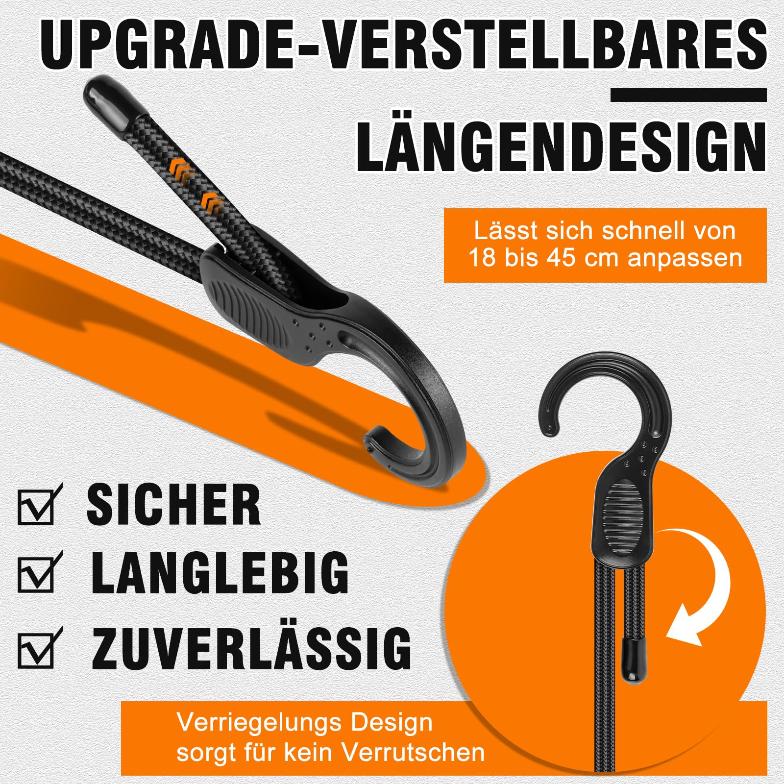 Verstellbar Spanngummi Mit Haken 45 cm, 6 Stück Robuste Expander Mit Haken Gepäckspanner Ladungssicherung für Camping, Sonnensegel, Tarpaulins, Abdeckplane Fahrrad, Auto, Dachträger