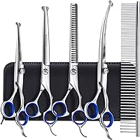 Gimars 6-in-1 Titanium Coated Dog Grooming Scissors Set - Professional 4CR Stainless Steel, Safety Round Tip for Dogs & Cats (Heavy Duty)