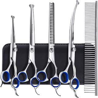 Gimars 6-in-1 Titanium Coated Dog Grooming Scissors Set - Professional 4CR Stainless Steel, Safety Round Tip for Dogs & Cats (Heavy Duty)