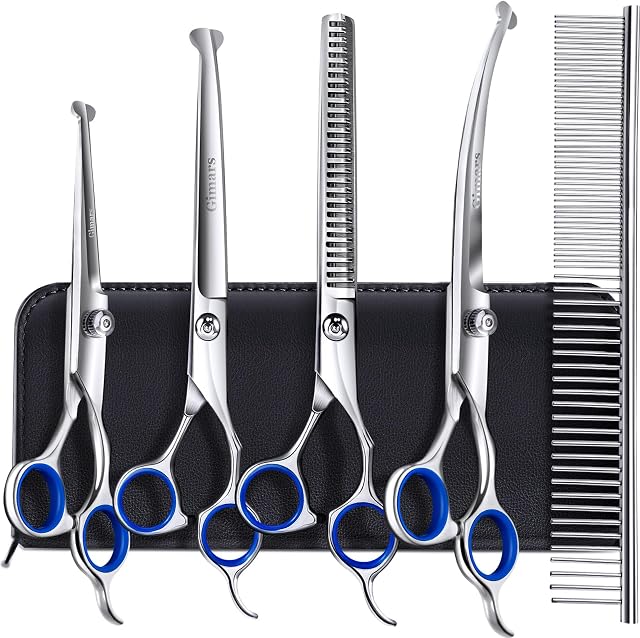 Gimars 6 in 1 Professional 4CR Stainless Steel Grooming Scissors for Dogs with Safety Round Tip, Heavy Duty Titanium Coated Pet Grooming Scissor for Dogs, Cats and Other Animals