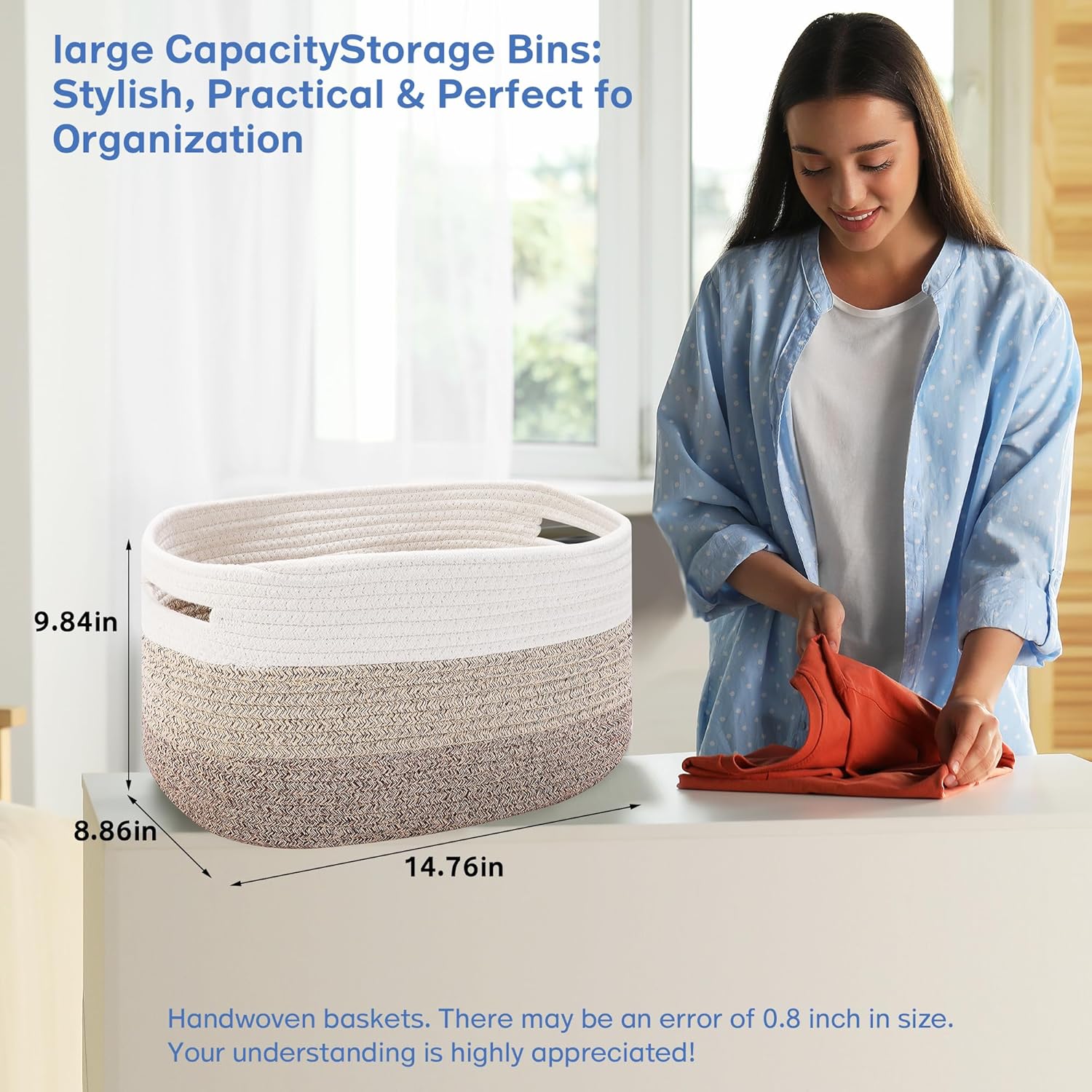 4 Pack Woven Storage Baskets for Organizing - Cotton Rope Baskets for Closet, Toys, Books, Towels, Durable Storage Bins for Shelves, Living Room, Bedroom, 14.76''Lx9.84''Wx8.86''H (khaki, 13")