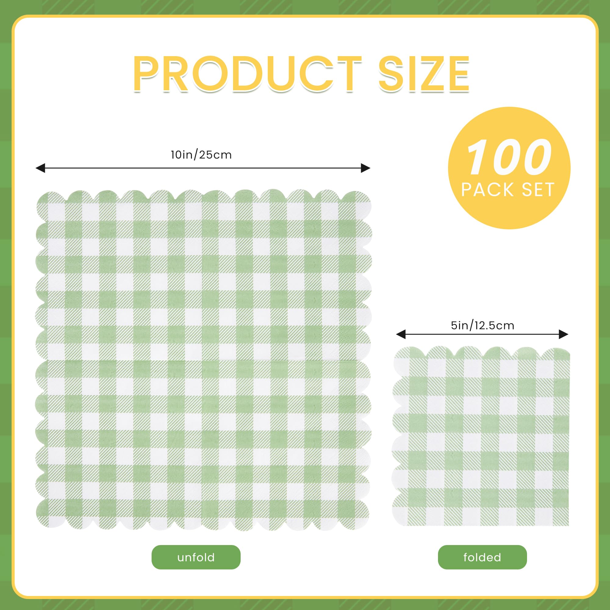 100 servilletas festoneadas verdes, servilletas a cuadros de 5 x 5 pulgadas, servilletas desechables de cóctel para bodas, fiestas de cumpleaños, baby shower, picnic