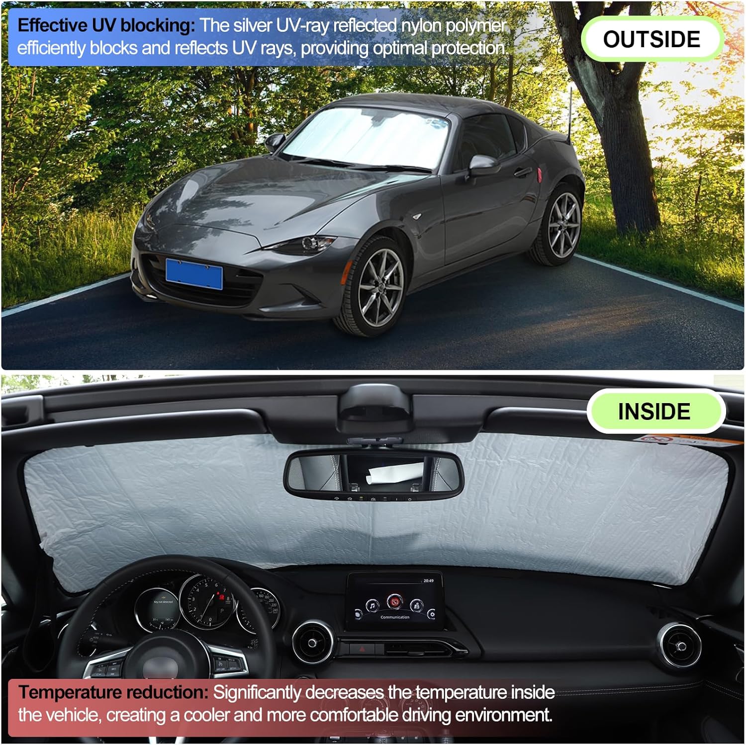 Windshield Sunshade for Mazda MX-5 Miata 2016-2025 Front Window Sun Shade Foldable Reflective Sun Visor Custom Sunscreen UV Blocker Privacy Protector HeatShield Keep Your Car Cooler (Silver)