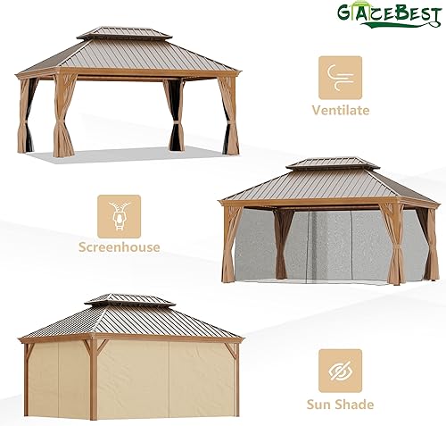 Miniatura 5 de Gazebo de techo rígido de 12 x 16 pies, kiosco de aluminio para exteriores, doble techo, toldo de acero galvanizado con acabado de madera recubierto