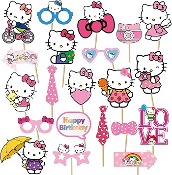Cartoon Birthday Decorations, Pink Cat Photo Booth Props Set, Birthday Party Celebration Decoration Photography Props
