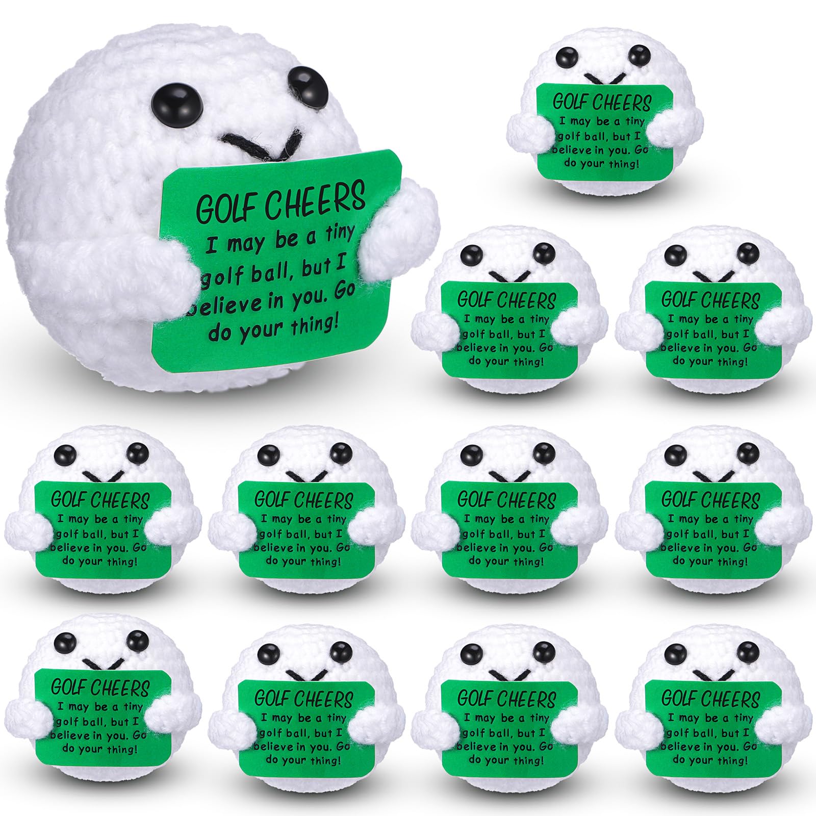 Yousoontic Paquete de 12 regalos de golf positivos, regalos de pelota de golf de ganchillo, apoyo emocional, regalos de golf, divertidos regalos de escritorio de golf para mujeres, hombres, golfistas,