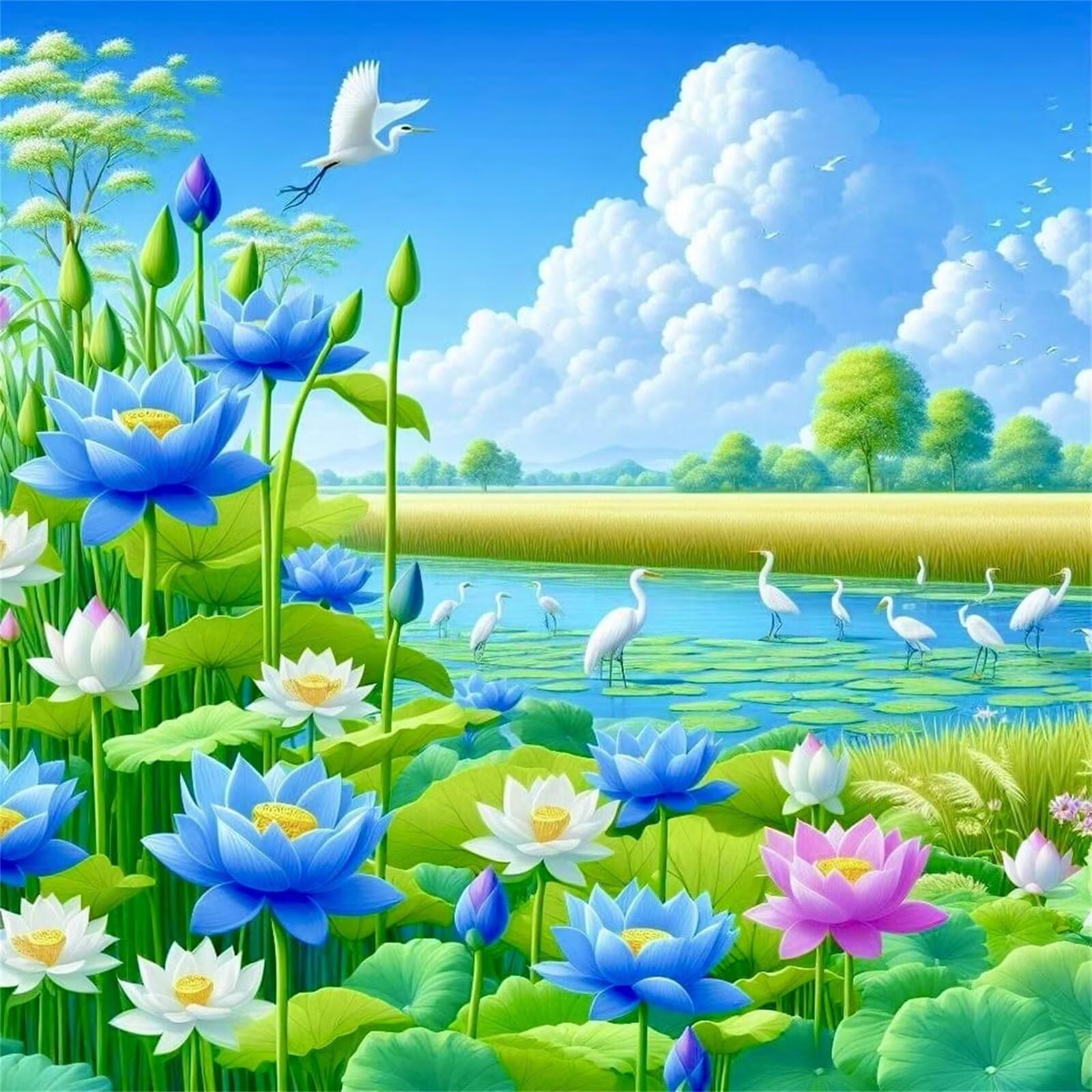 Jinmer Lotus Birds Fields Diamond Painting Set,5D DIY Diamant Painting Bilder Full Vierkantbohrer Kristall Stickerei Kreuzstich Kunsthandwerk Home Schlafzimmer Büro Wand Dekoration 85x85cm
