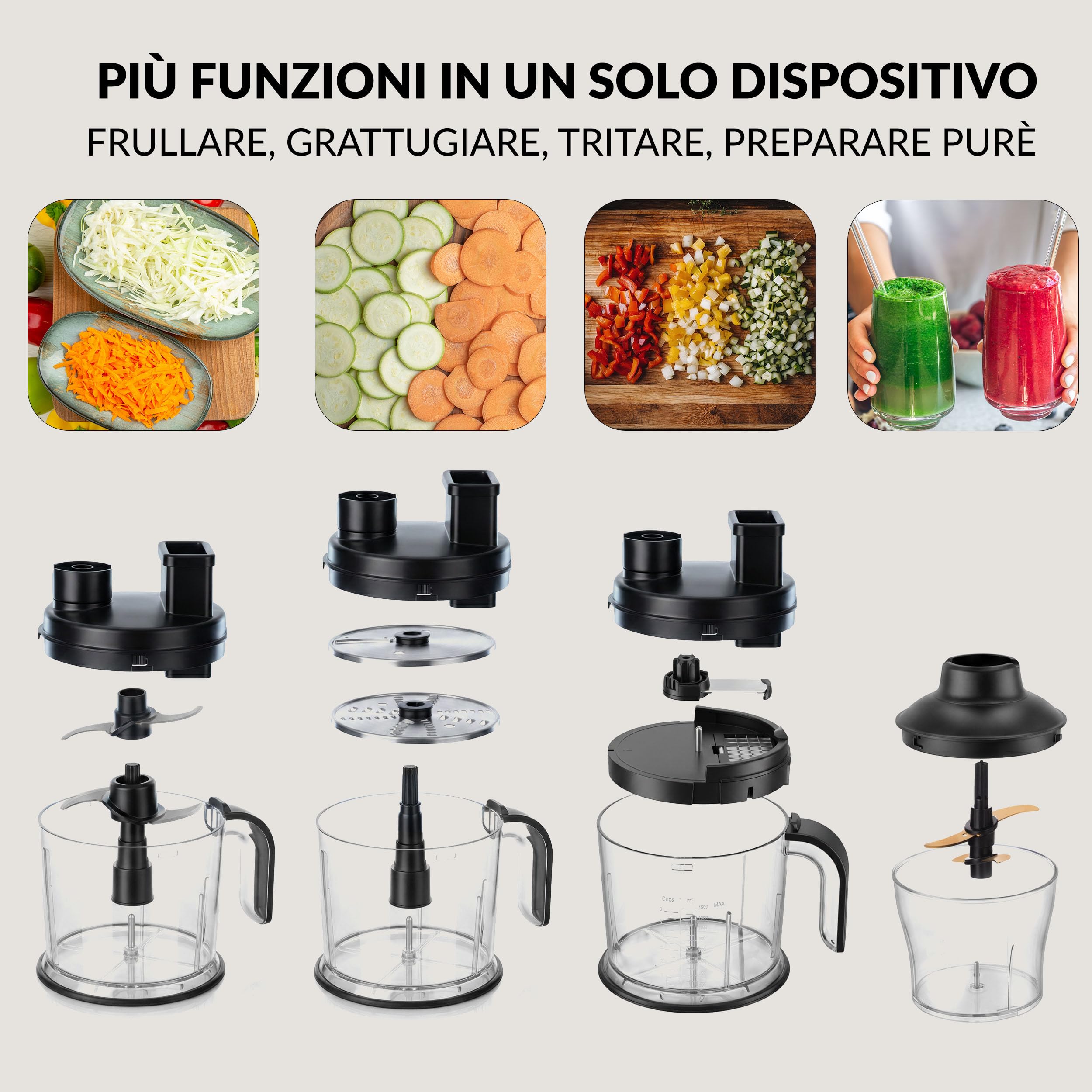 LEHMANN Set Frullatore a Immersione Multifunzione 10 in 1, 2000 W, 12 Velocità e Turbo, 12 Accessori, Bicchiere 800 ml, Tritatutto 600 ml & 1500 ml senza BPA, Sistema Antispruzzo e Antigraffio