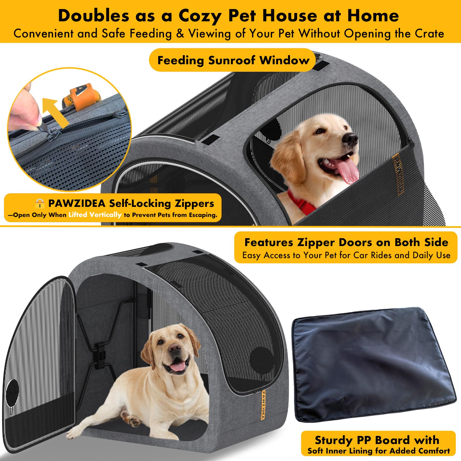 PAWZIDEA Tragbare Hundebox für Autoreisen, zusammenklappbare Haustier-Reiseboxen für mittelgroße und große Hunde, geschlossene weiche Seiten-Autohütte für den Rücksitz, sichert mit Sicherheitsgurt und